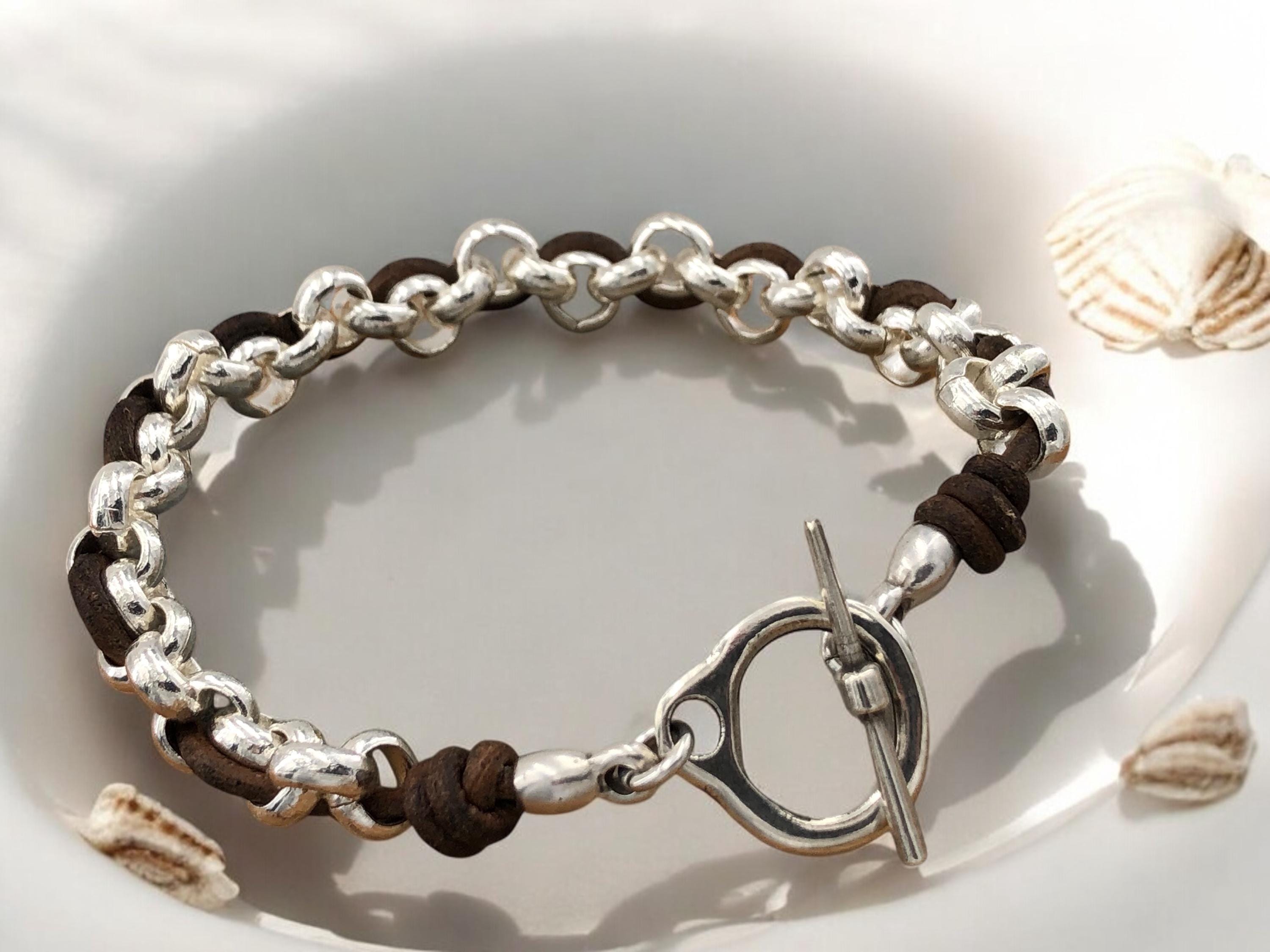 knot leather bracelet, chain and leather bracelet, silver bracelet, chunky silver and leather bracelet, toggle chain chunky bracelet,