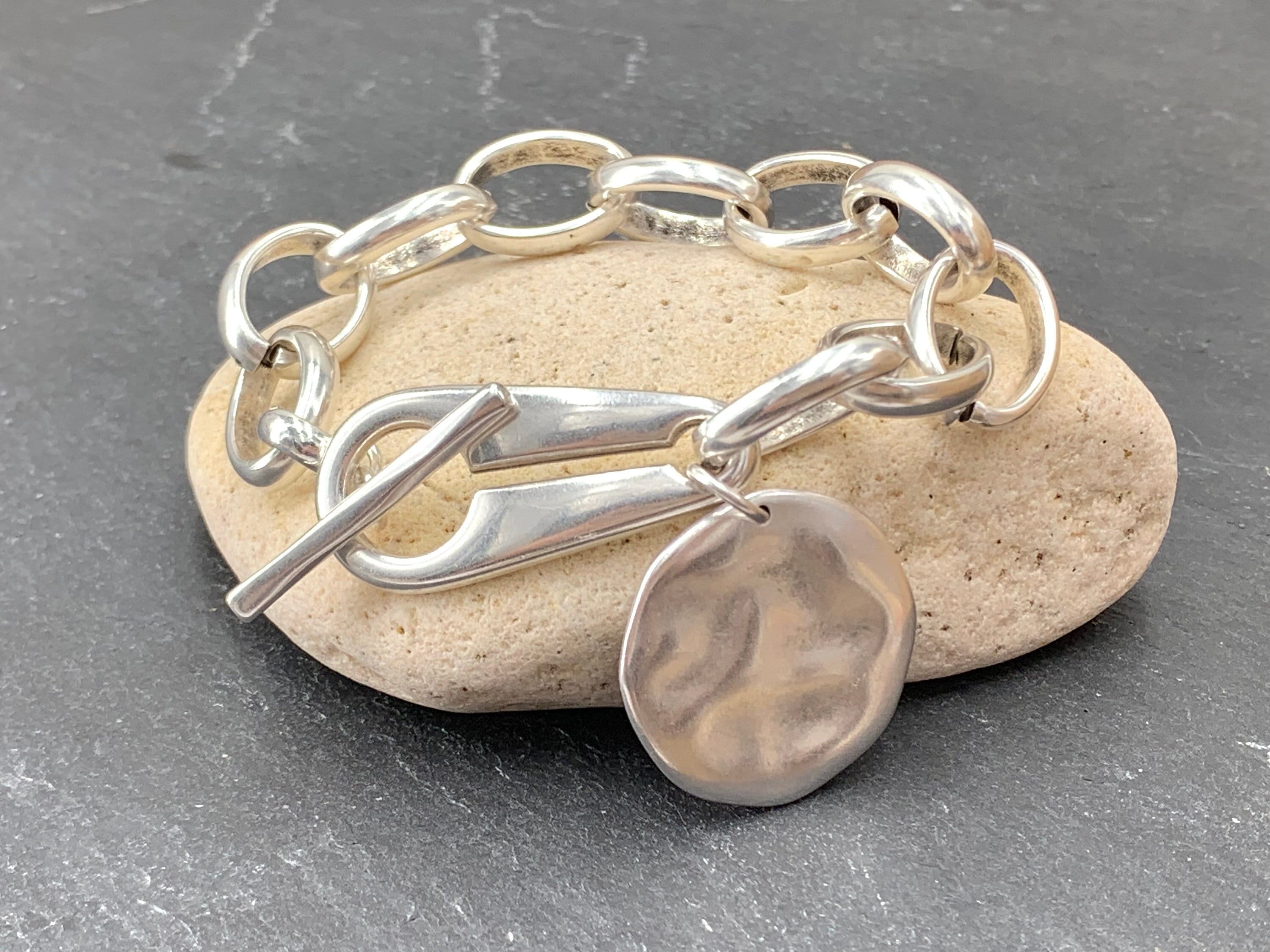 Chunky Silver Chain Bracelet for Women – Large Link Design with Toggle Clasp and Disc Charm – Handmade Statement Jewelry,