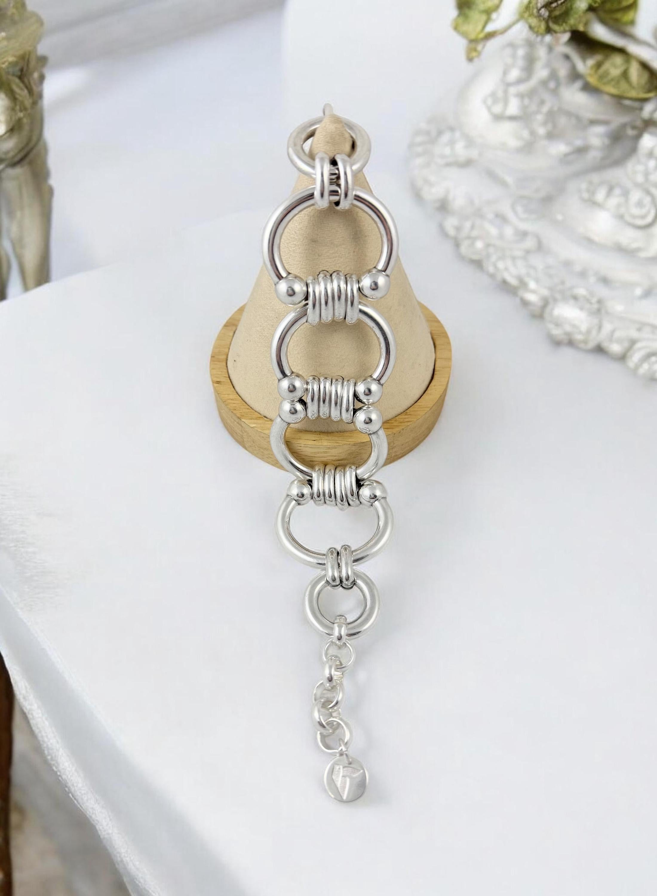 Chunky Silver-Plated Equestrian Link Bracelet – Bold Statement Chain – Adjustable Fit for larger wrist