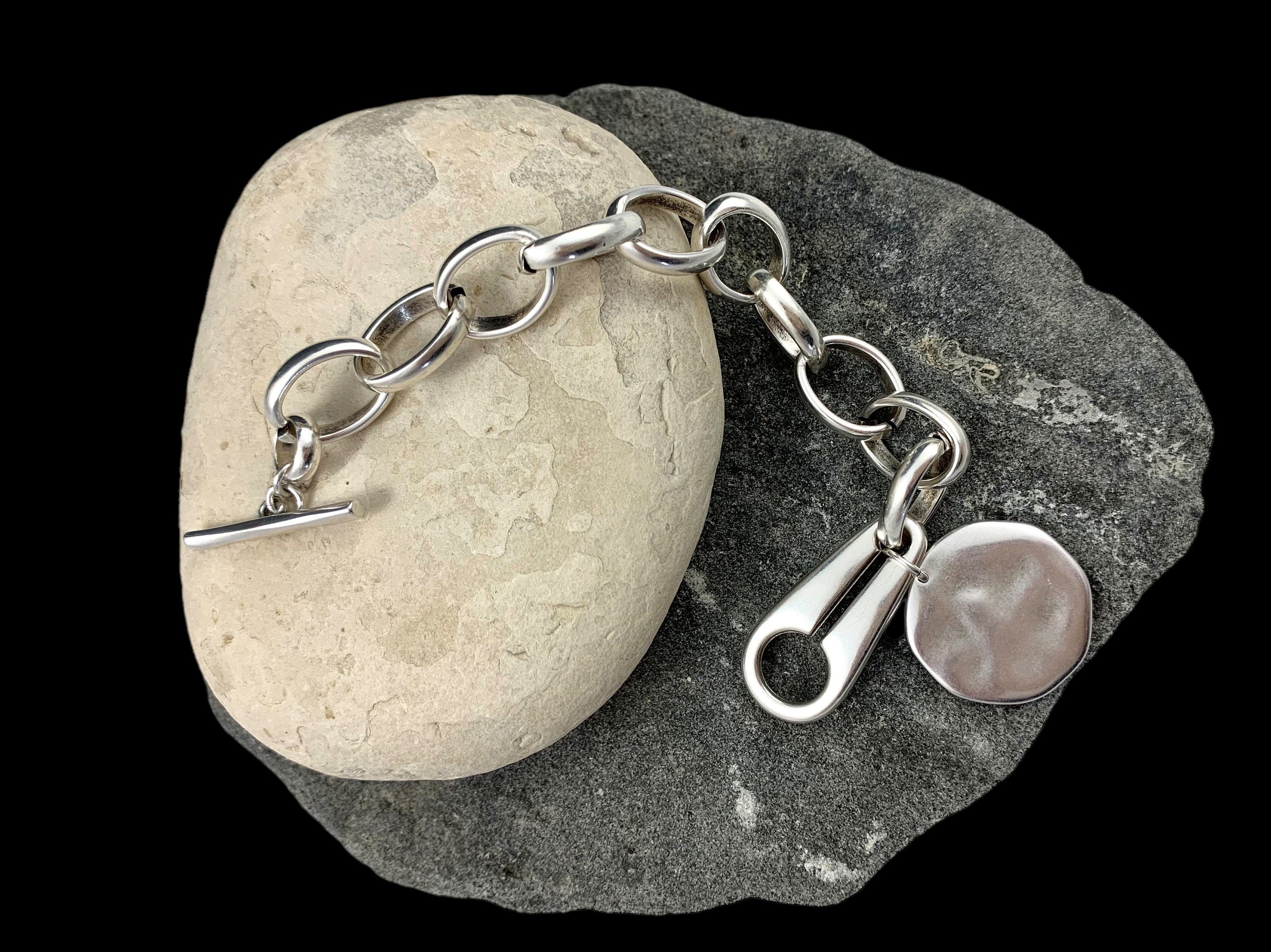 Chunky Silver Chain Bracelet for Women – Large Link Design with Toggle Clasp and Disc Charm – Handmade Statement Jewelry,