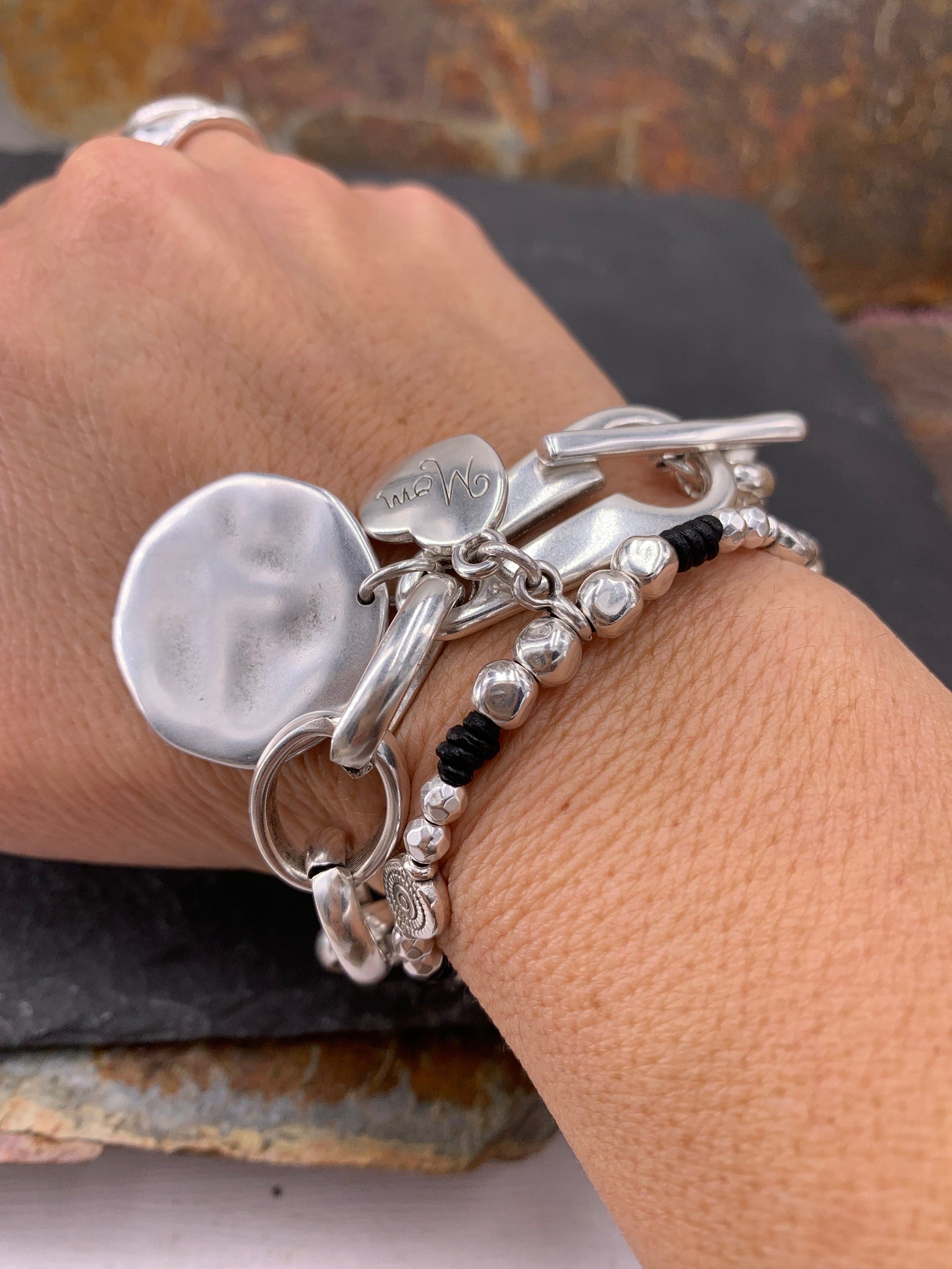 Chunky Silver Chain Bracelet for Women – Large Link Design with Toggle Clasp and Disc Charm – Handmade Statement Jewelry,