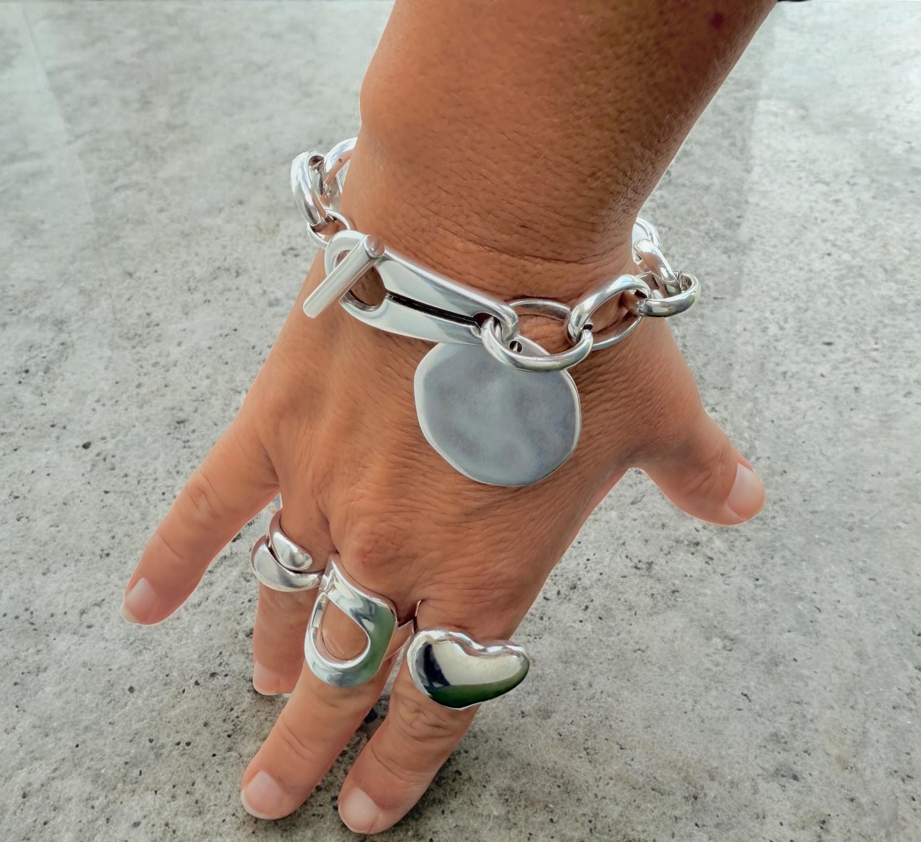 Chunky Silver Chain Bracelet for Women – Large Link Design with Toggle Clasp and Disc Charm – Handmade Statement Jewelry,