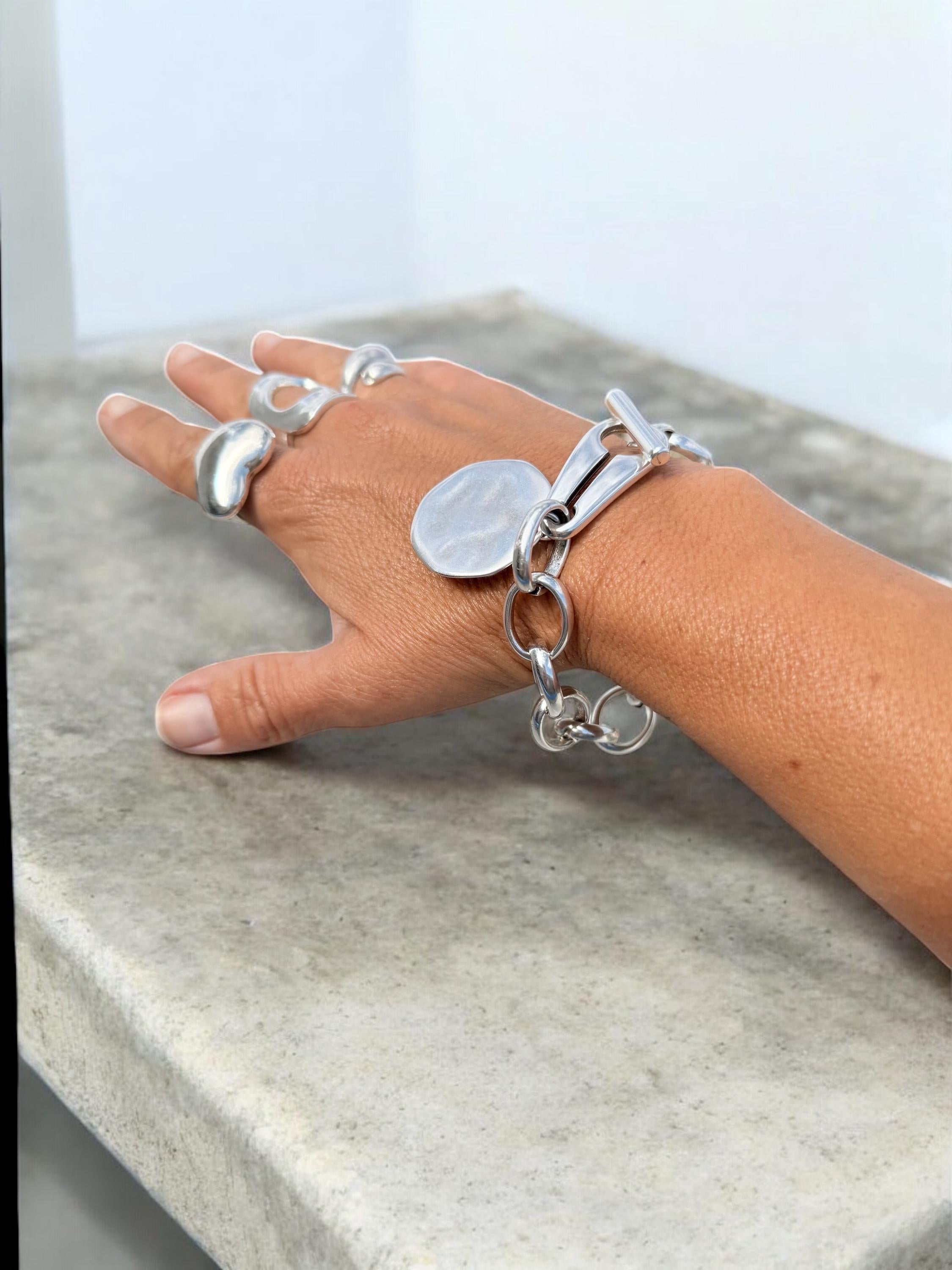 Chunky Silver Chain Bracelet for Women – Large Link Design with Toggle Clasp and Disc Charm – Handmade Statement Jewelry,