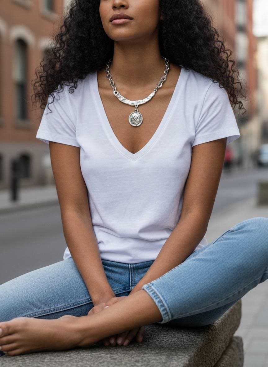 Silver Coin Pendant Necklace, Textured Bar Chain, Ancient Greek Style Jewelry