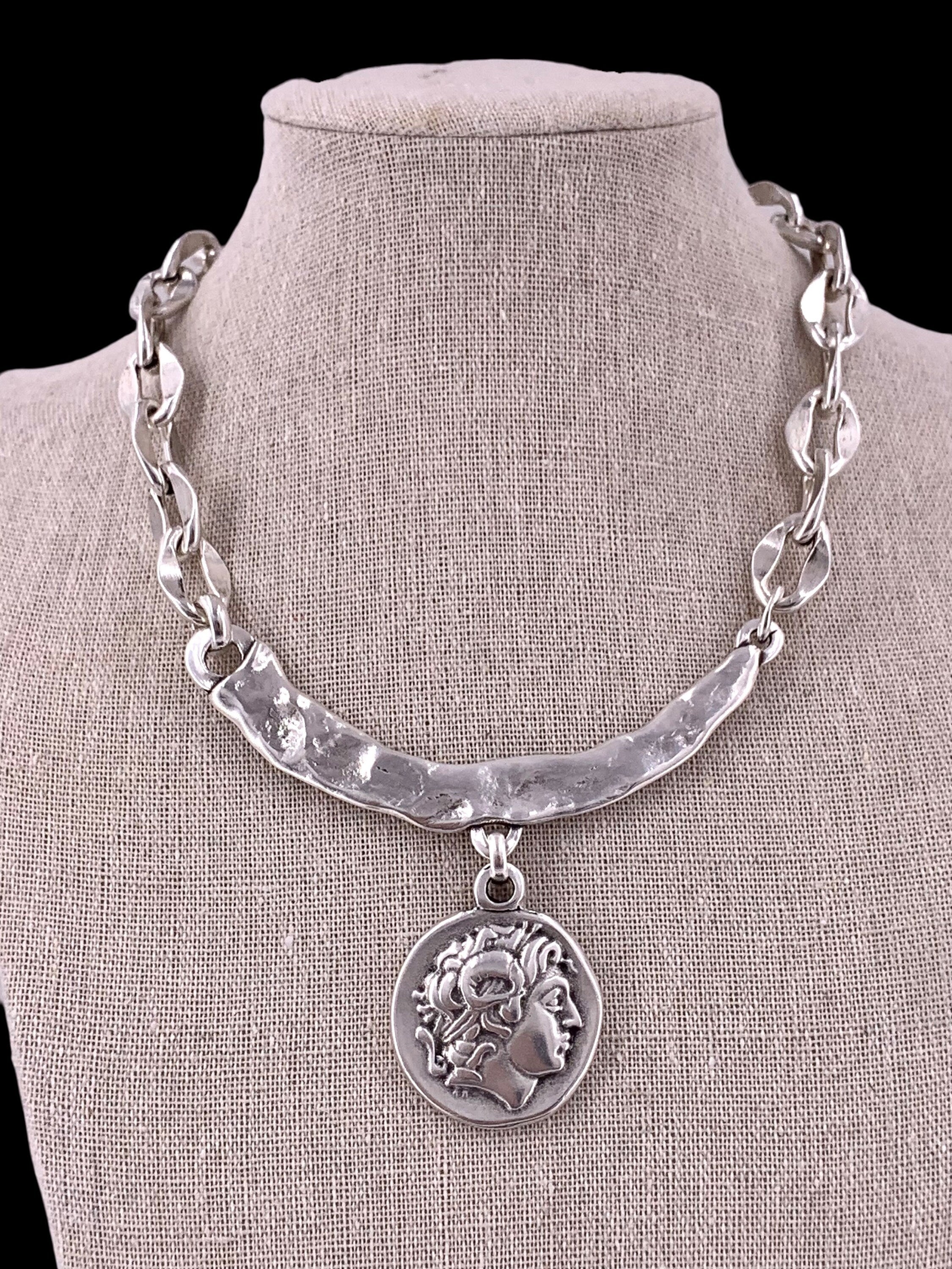 Silver Coin Pendant Necklace, Textured Bar Chain, Ancient Greek Style Jewelry