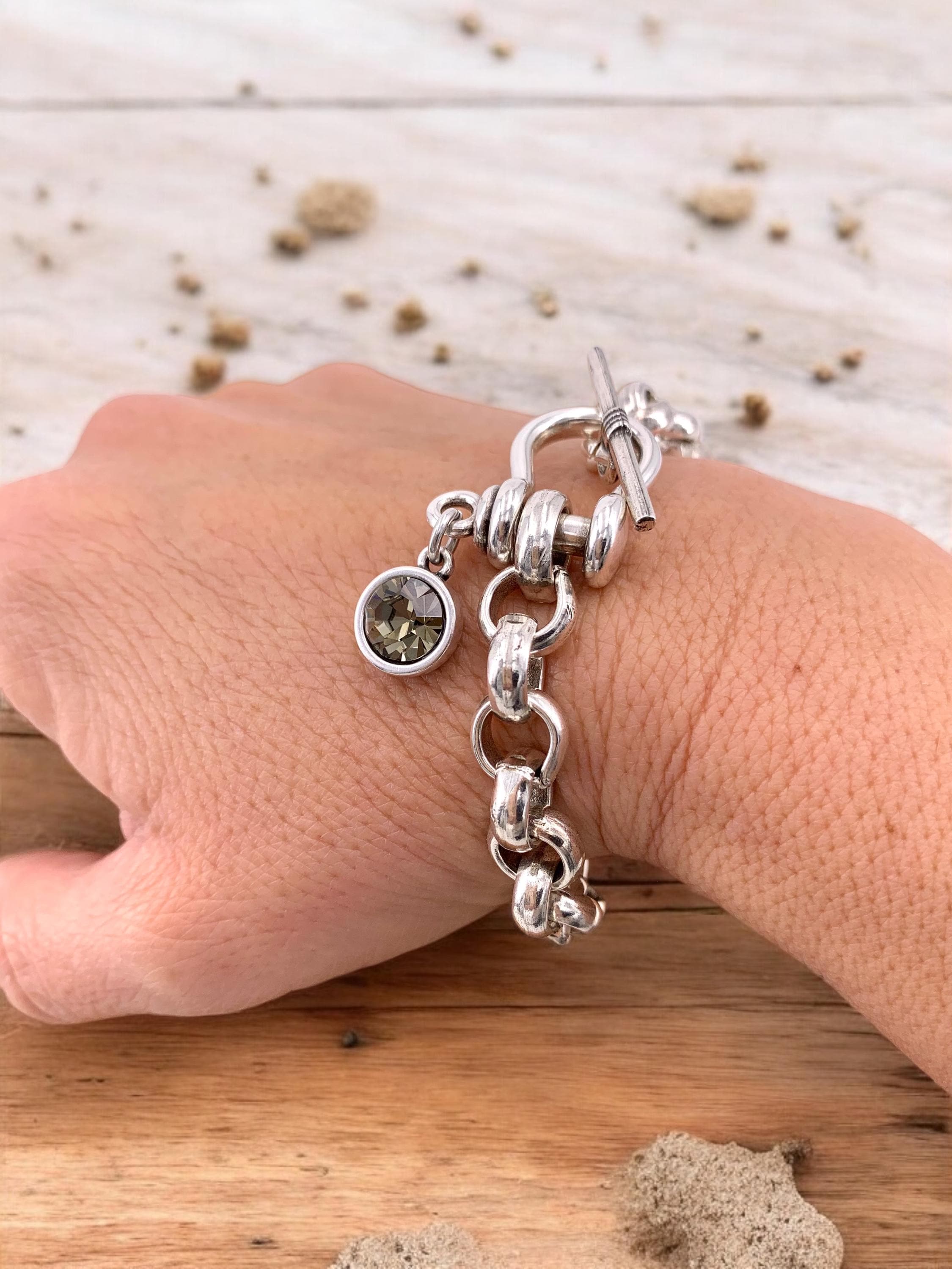 Bold Silver Link Bracelet – Chunky Statement Chain with Swarovski Charm – Handmade Modern Toggle Jewelry -
