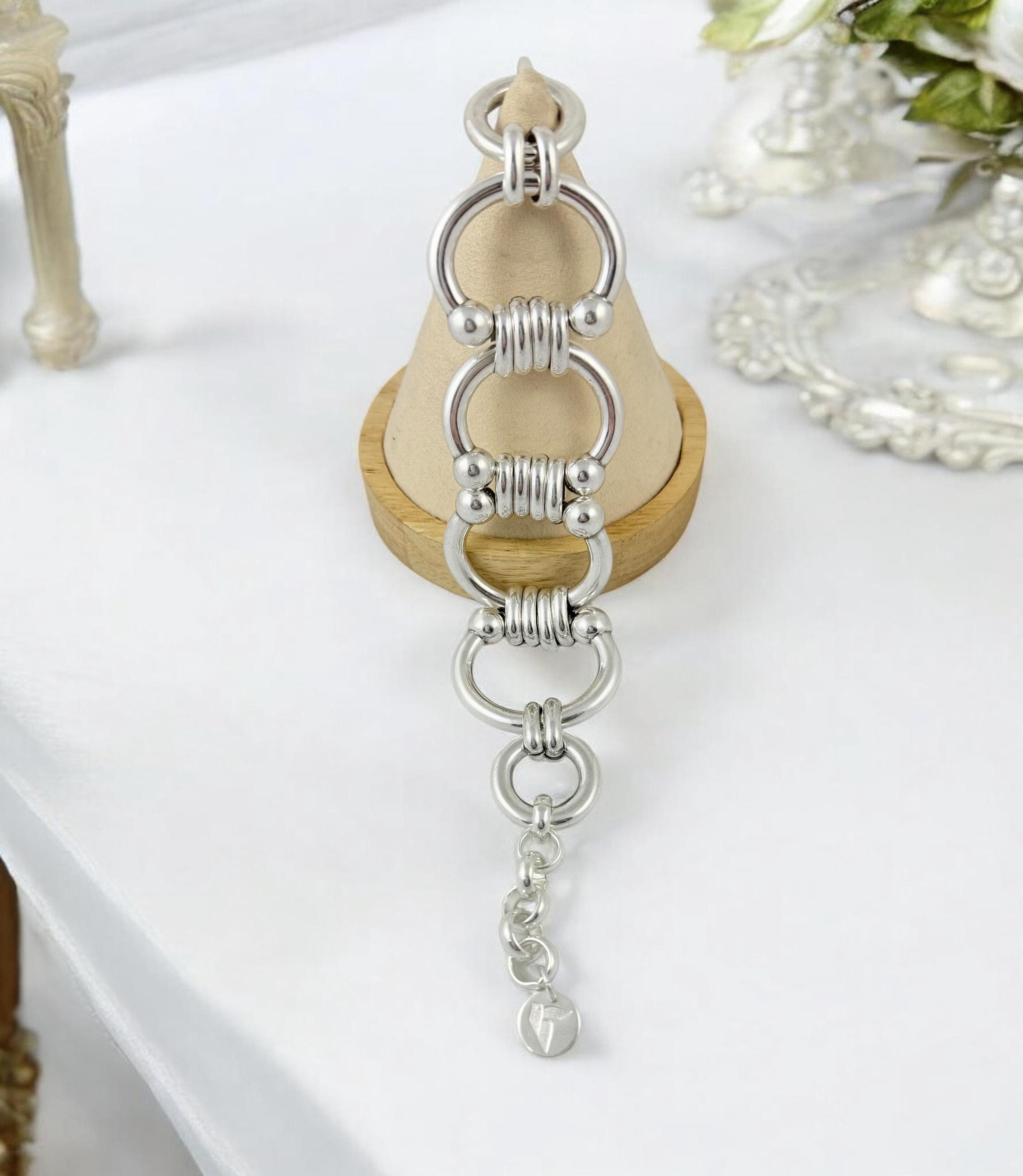 Chunky Silver-Plated Equestrian Link Bracelet – Bold Statement Chain – Adjustable Fit for larger wrist