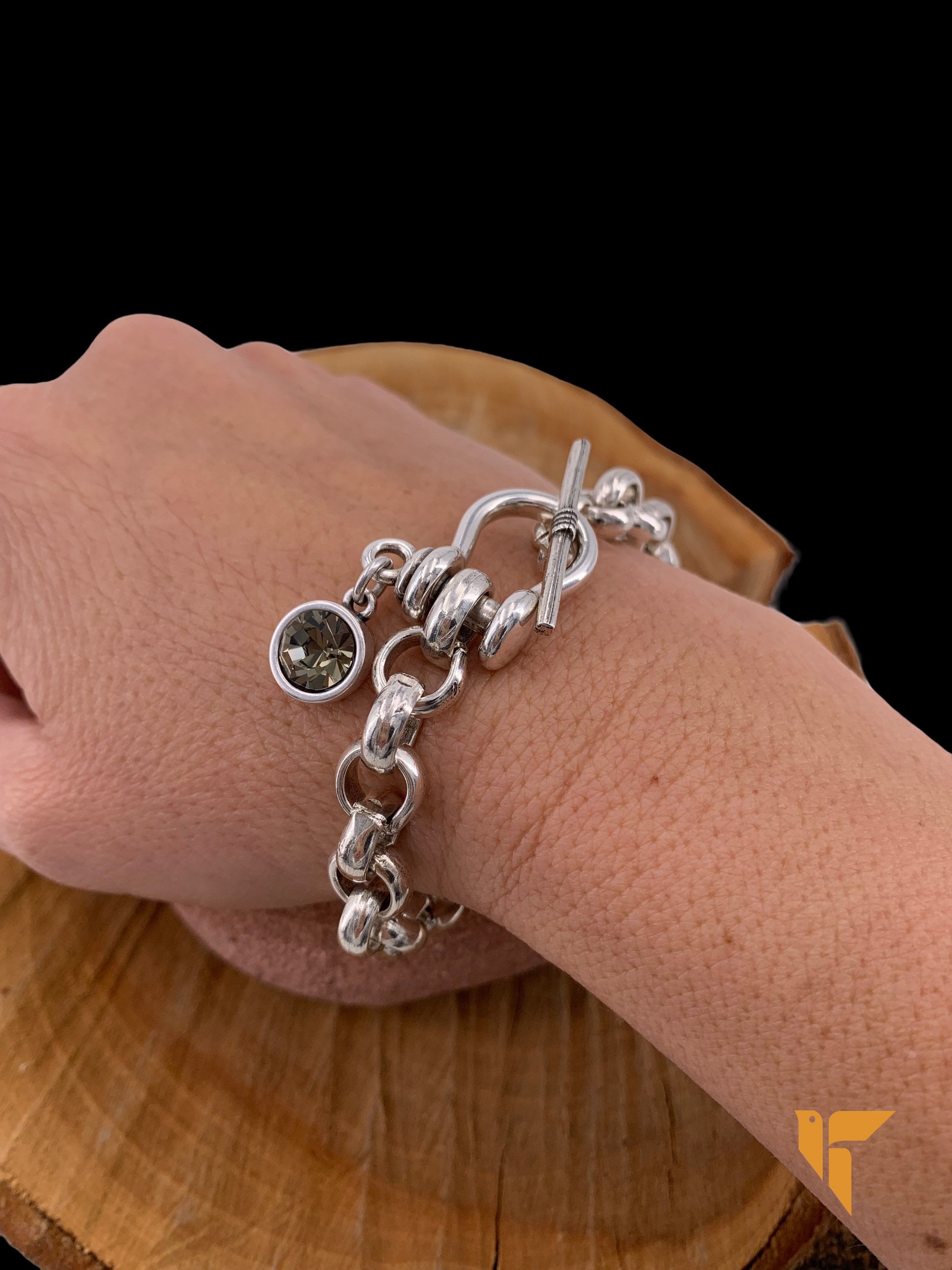 Bold Silver Link Bracelet – Chunky Statement Chain with Swarovski Charm – Handmade Modern Toggle Jewelry -