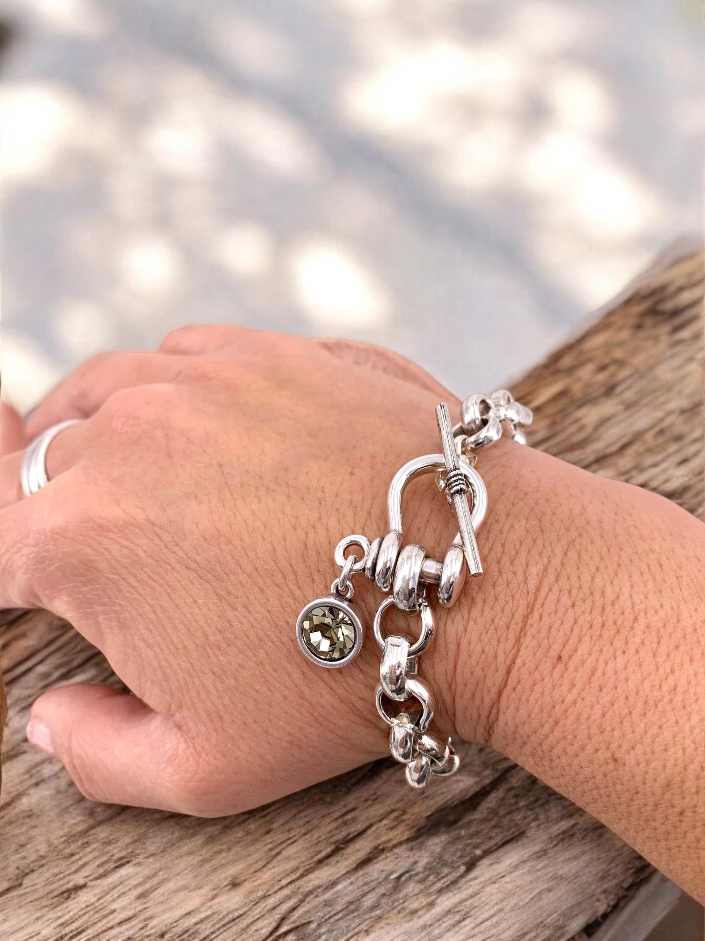 Bold Silver Link Bracelet – Chunky Statement Chain with Swarovski Charm – Handmade Modern Toggle Jewelry -