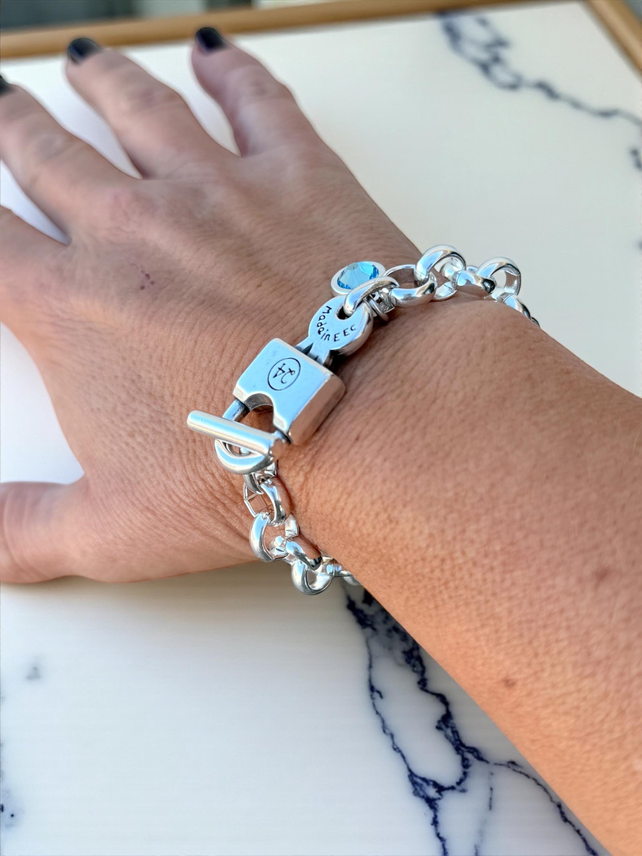 Oversized thick chain womens padlock bracelet| chunky key-lock Cuban link chain bracelet| edgy style silver curb chain cuff bracelet
