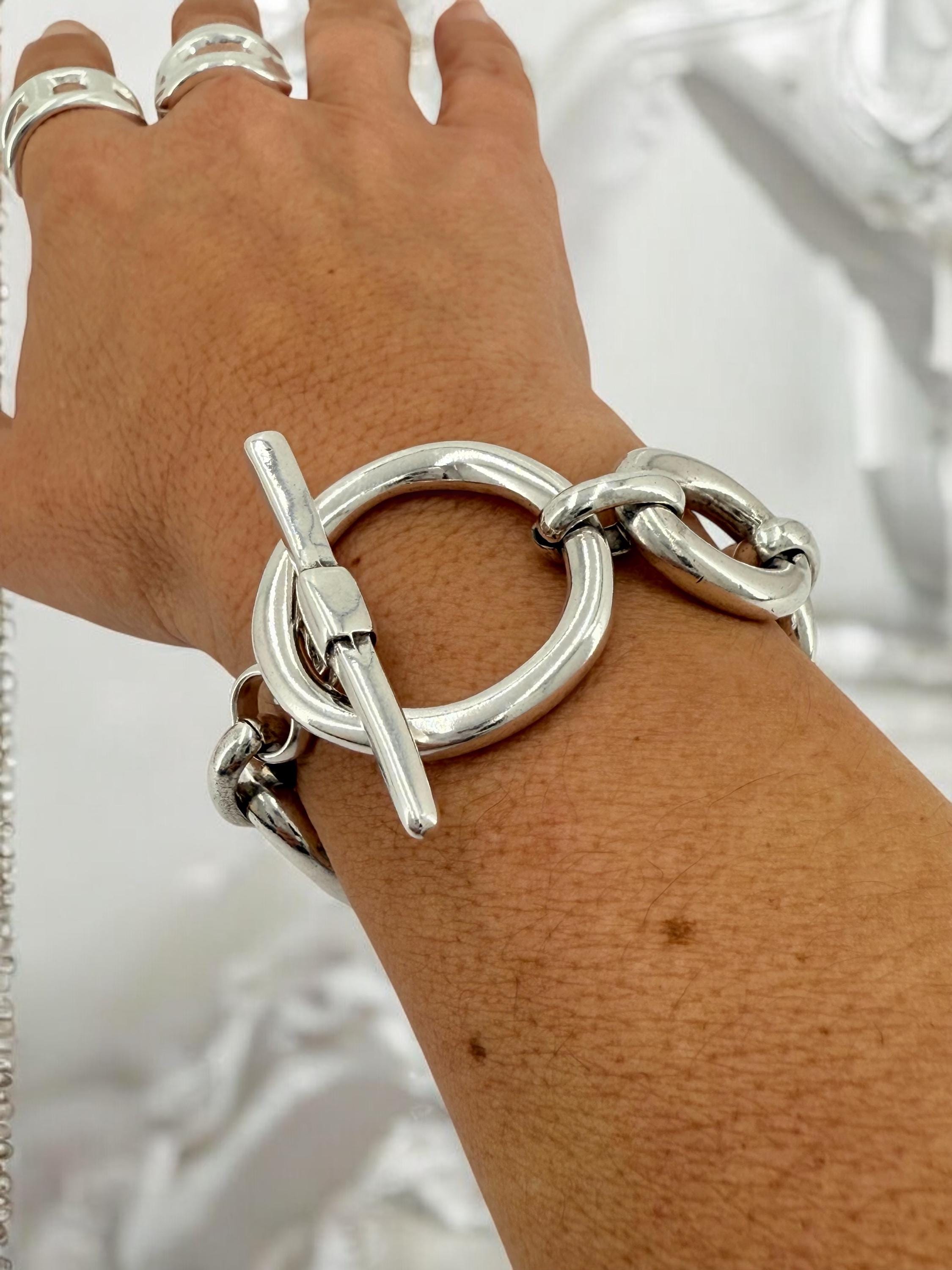 Silver chunky lightweight chain bracelet - bold customized toggle cuff