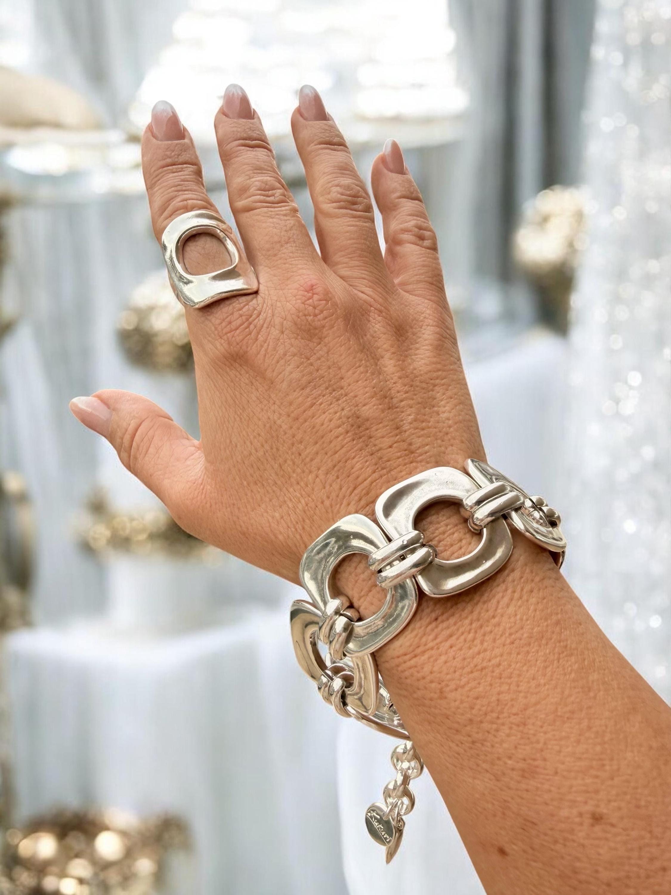 Chunky Silver-Plated Bracelet – Bold Statement Jewelry – Adjustable Sculptural Design