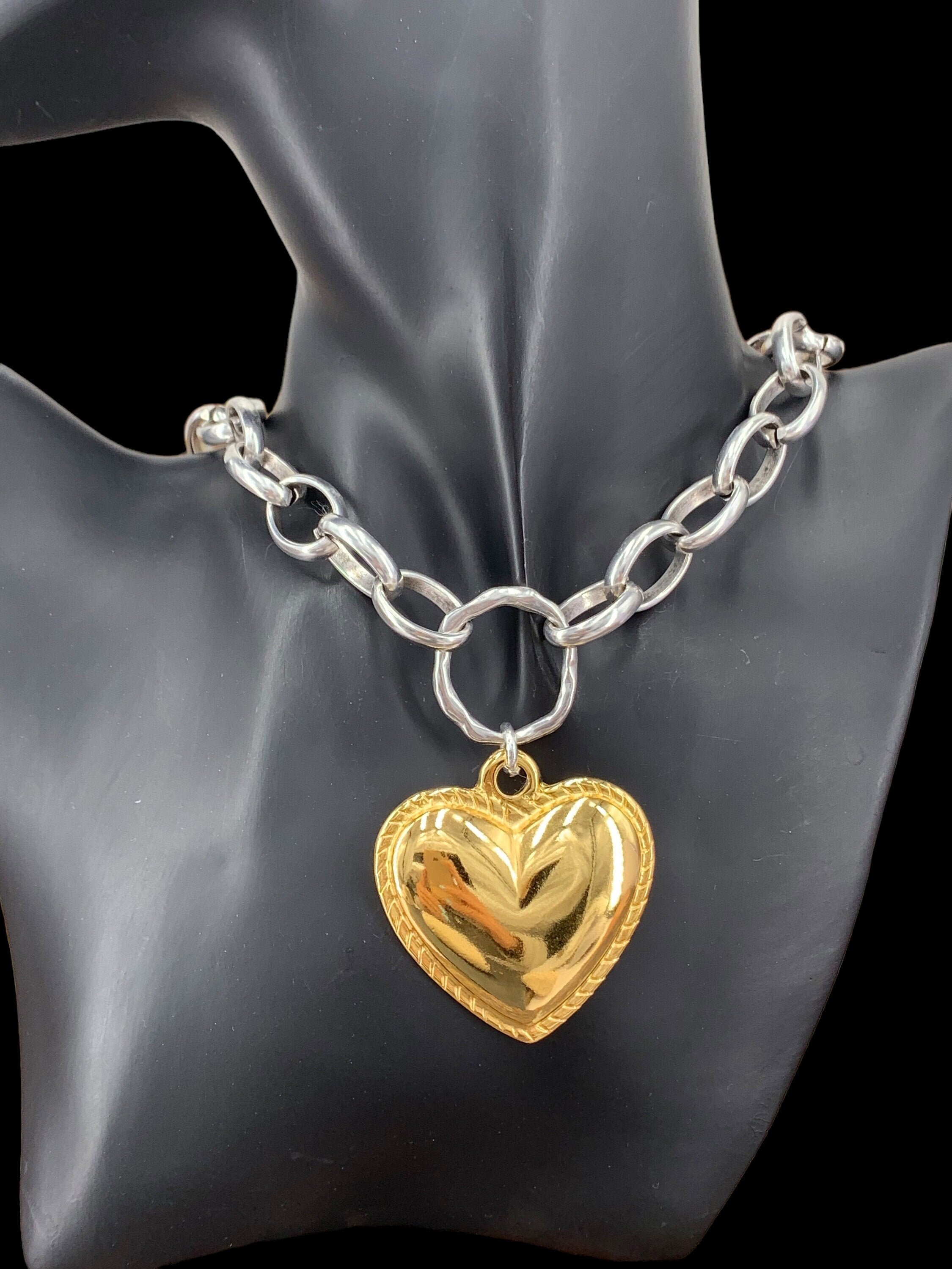 Silver chunky chain necklace with statement gold heart pendant, silver and gold necklace, bold chain necklace, chunky pendant necklace,