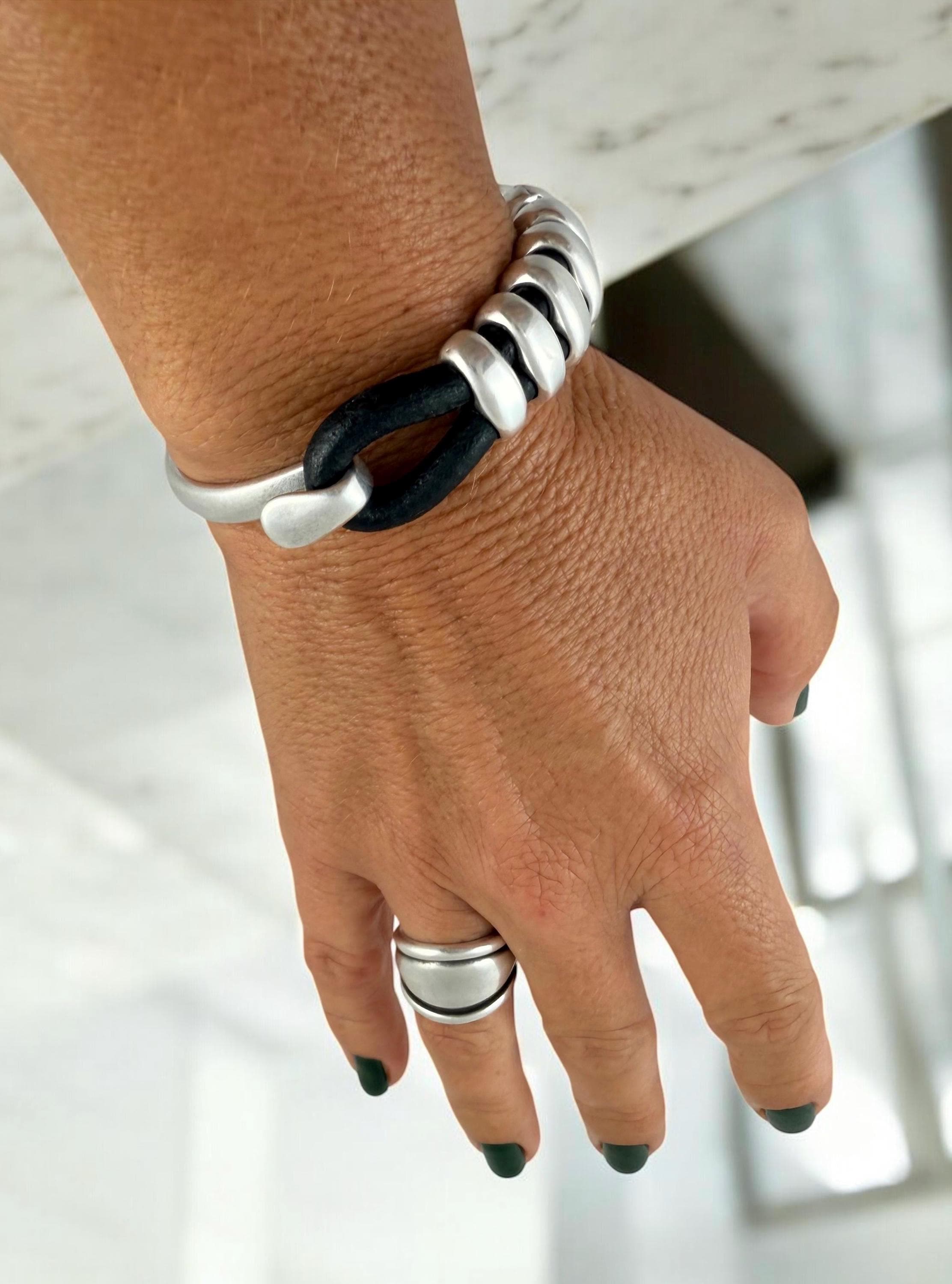 Chunky Rock-Style Silver & Leather unisex Bracelet, bold handmade half cuff