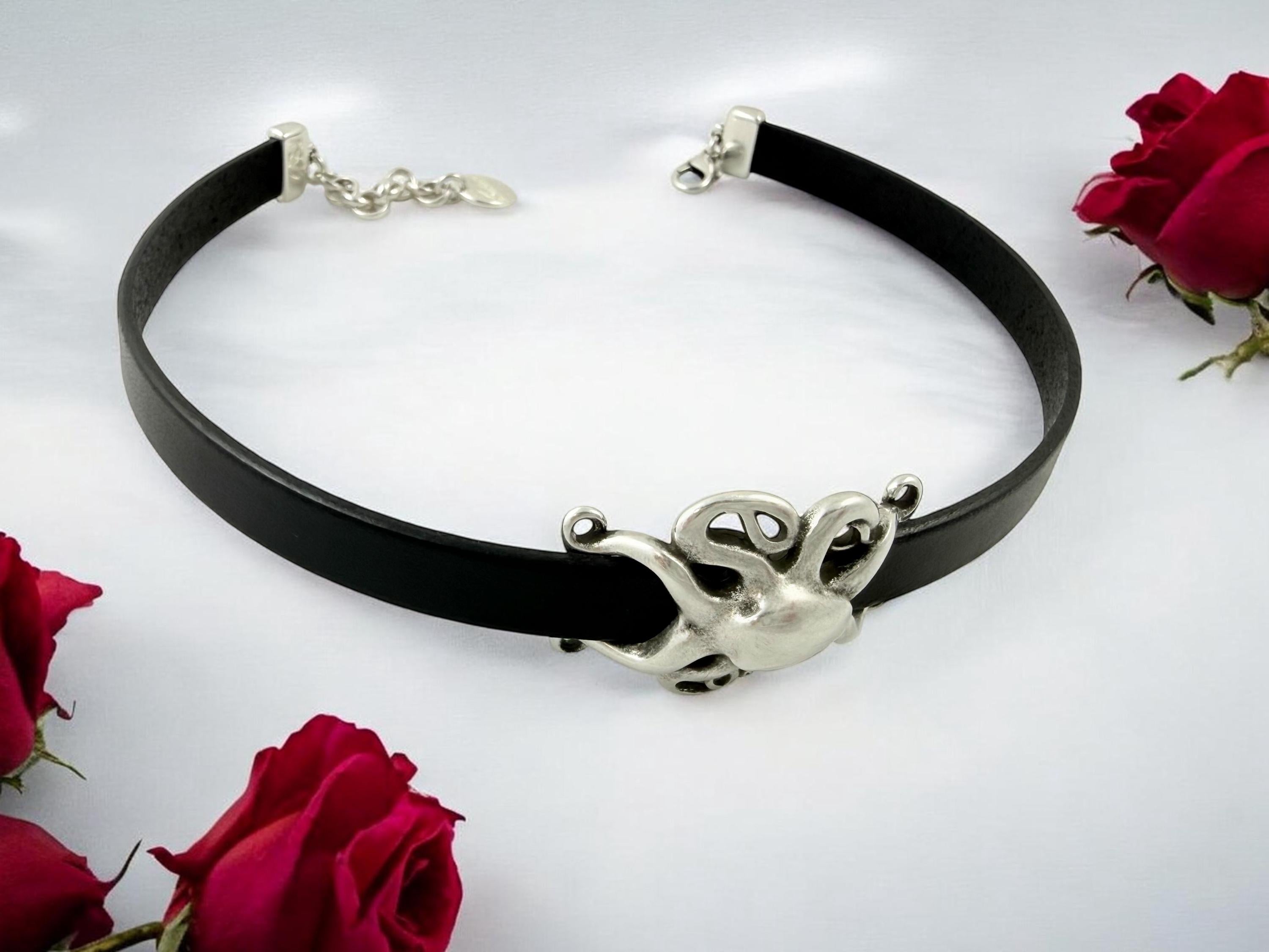 Black Leather Octopus Choker – Adjustable Statement Necklace – Handmade jewelry