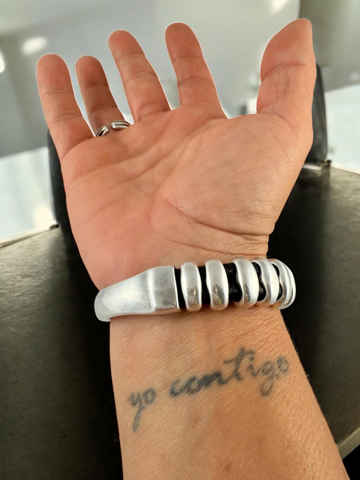 Chunky Rock-Style Silver & Leather unisex Bracelet, bold handmade half cuff