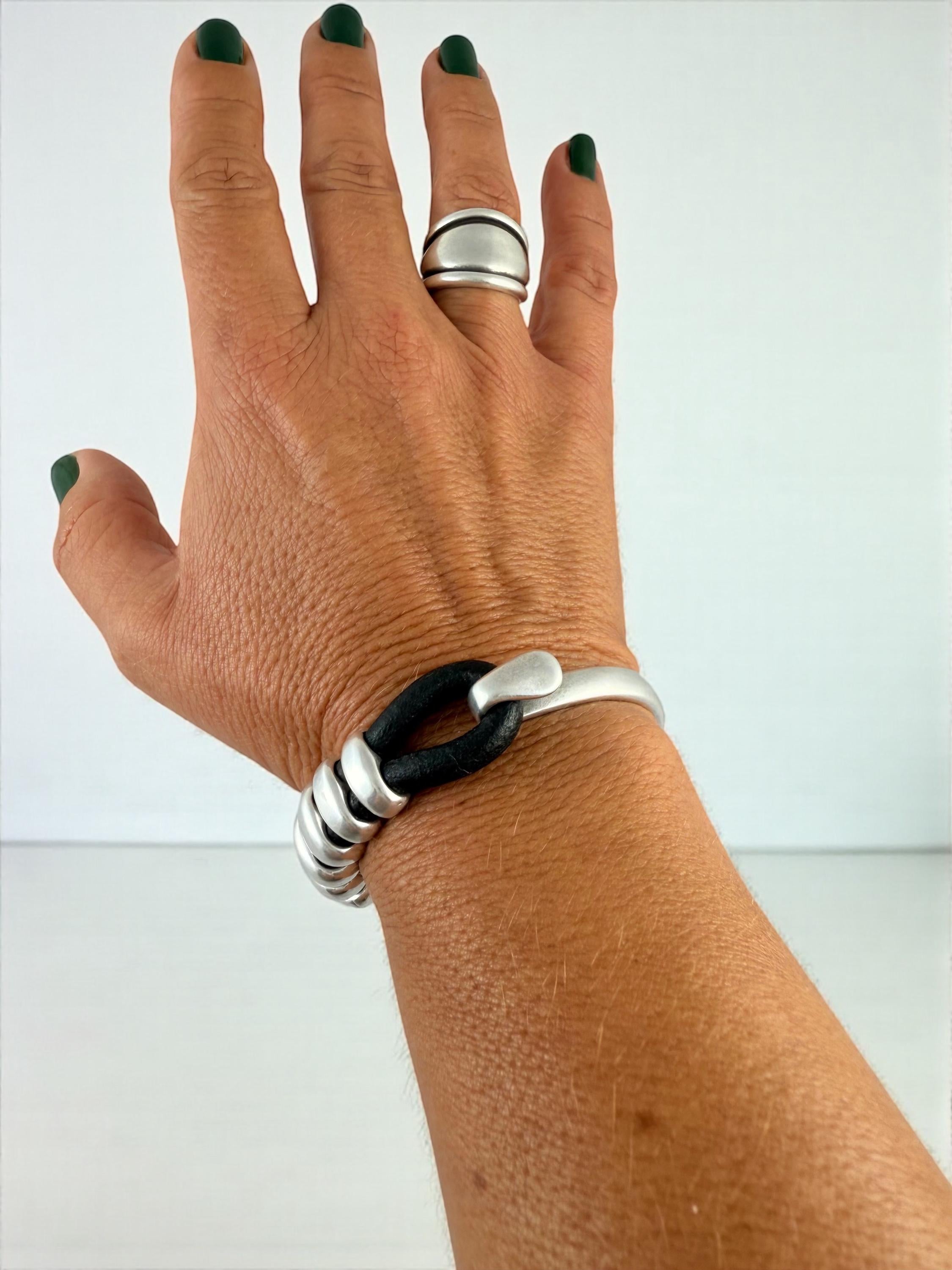 Chunky Rock-Style Silver & Leather unisex Bracelet, bold handmade half cuff