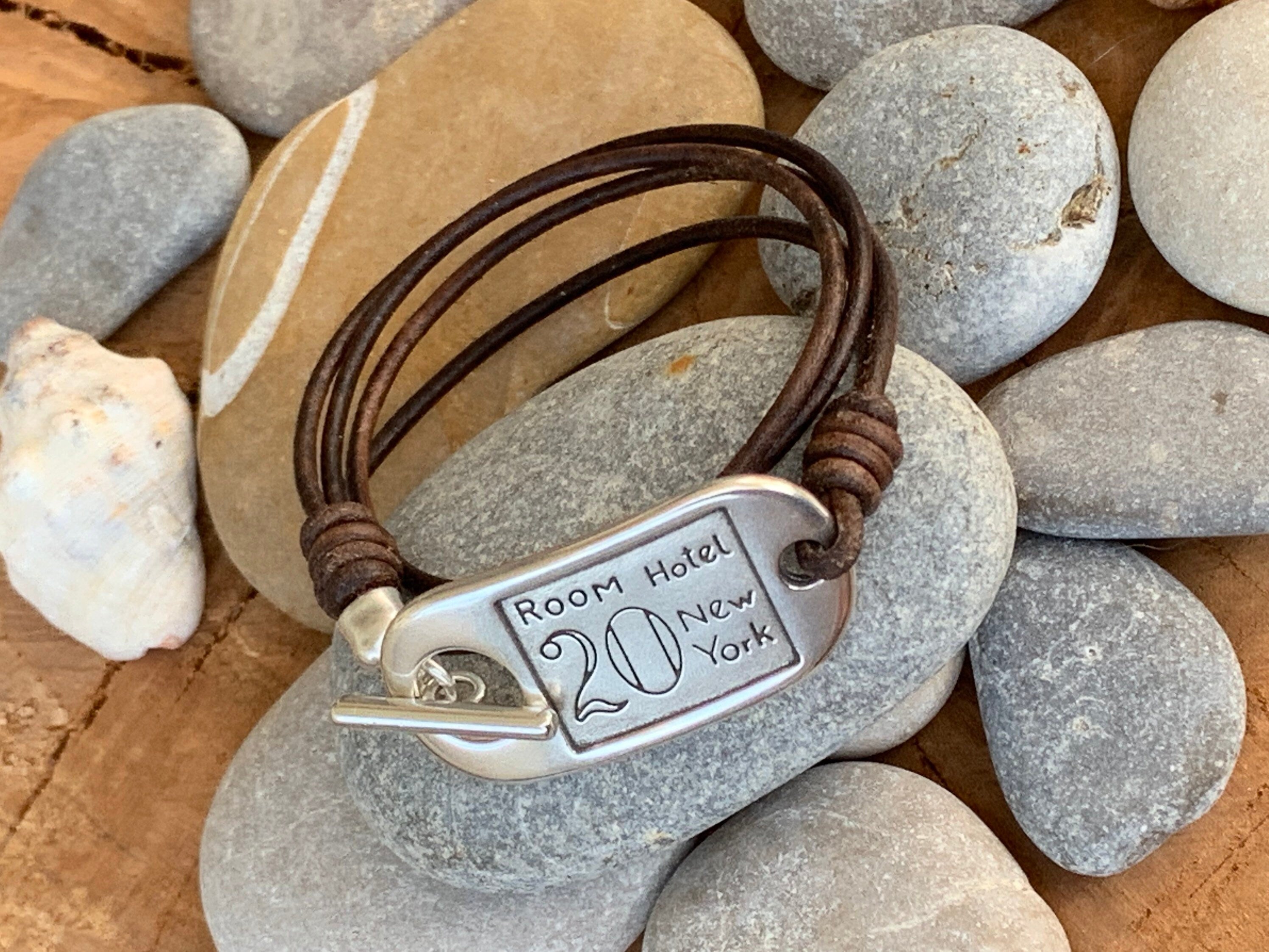 Boho Multi-Strand Leather Bracelet – Toggle Clasp with ID Charm – Handmade Wrap Bracelet in Silver and Spanish Leather,
