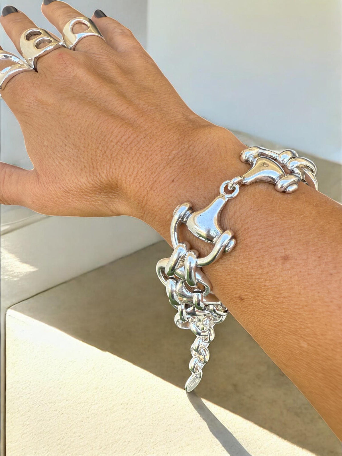 Chubky silver bracelet with mariner links chain and equestrian bit motive - statement handmade jewelry
