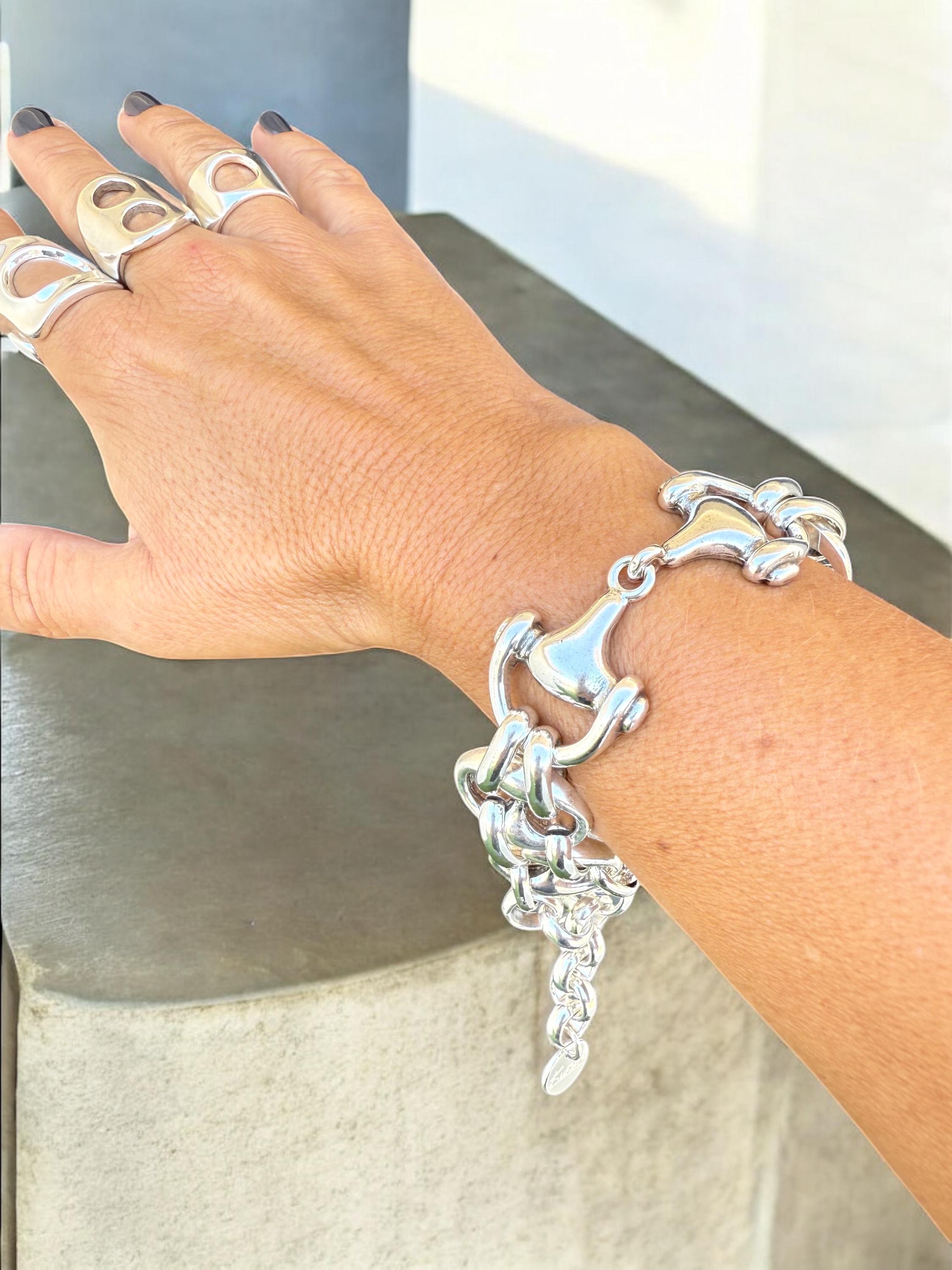 Chubky silver bracelet with mariner links chain and equestrian bit motive - statement handmade jewelry