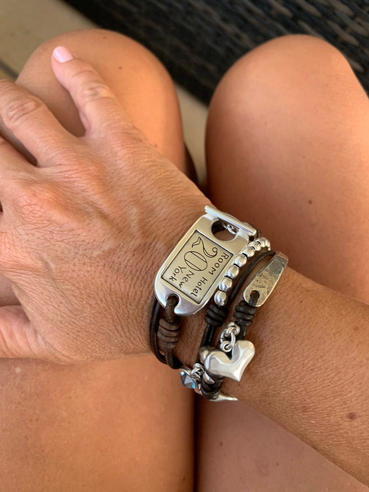 Boho Multi-Strand Leather Bracelet – Toggle Clasp with ID Charm – Handmade Wrap Bracelet in Silver and Spanish Leather,