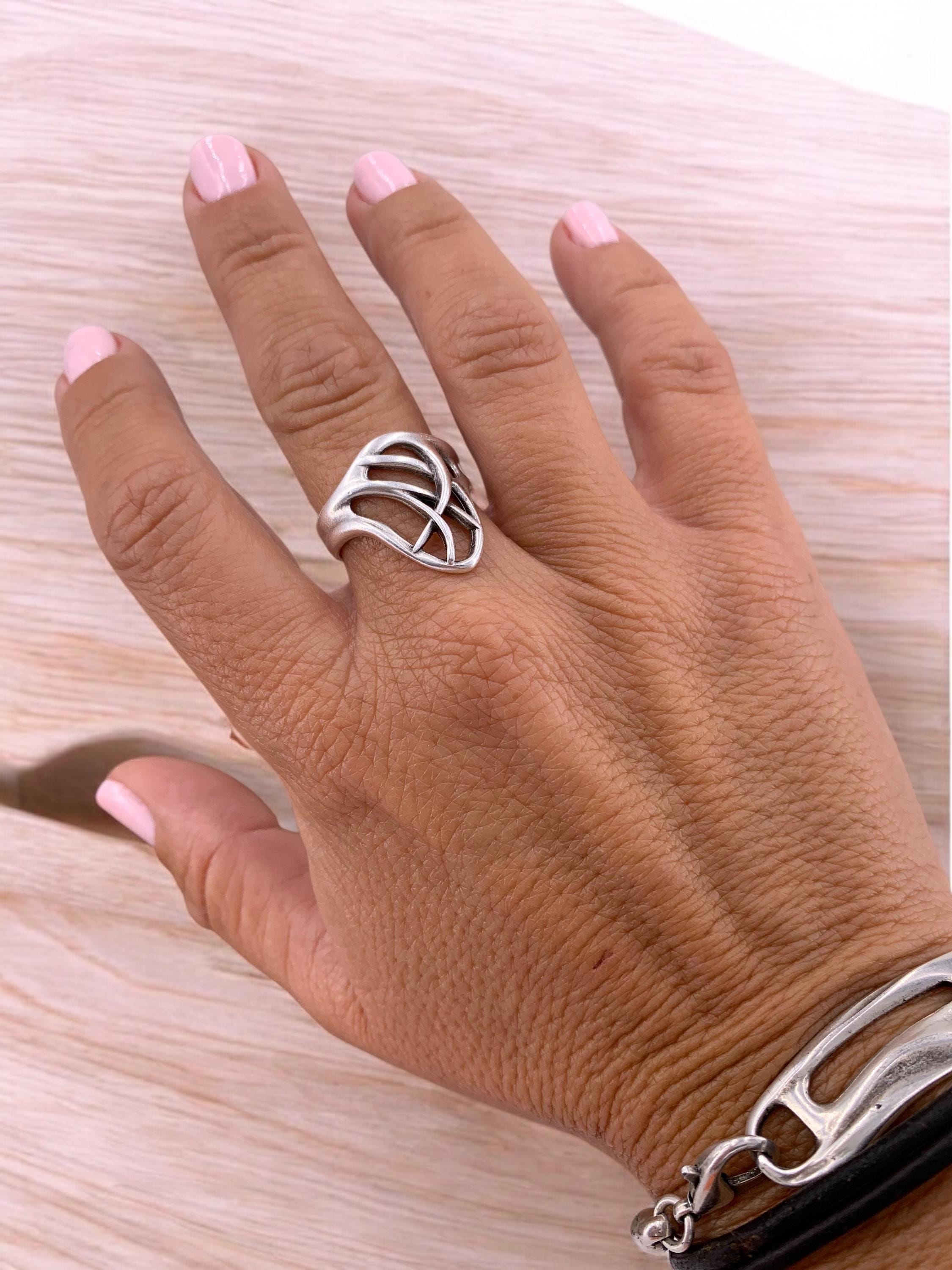 Silver carved wide ring - statement adjustable bohemian ring