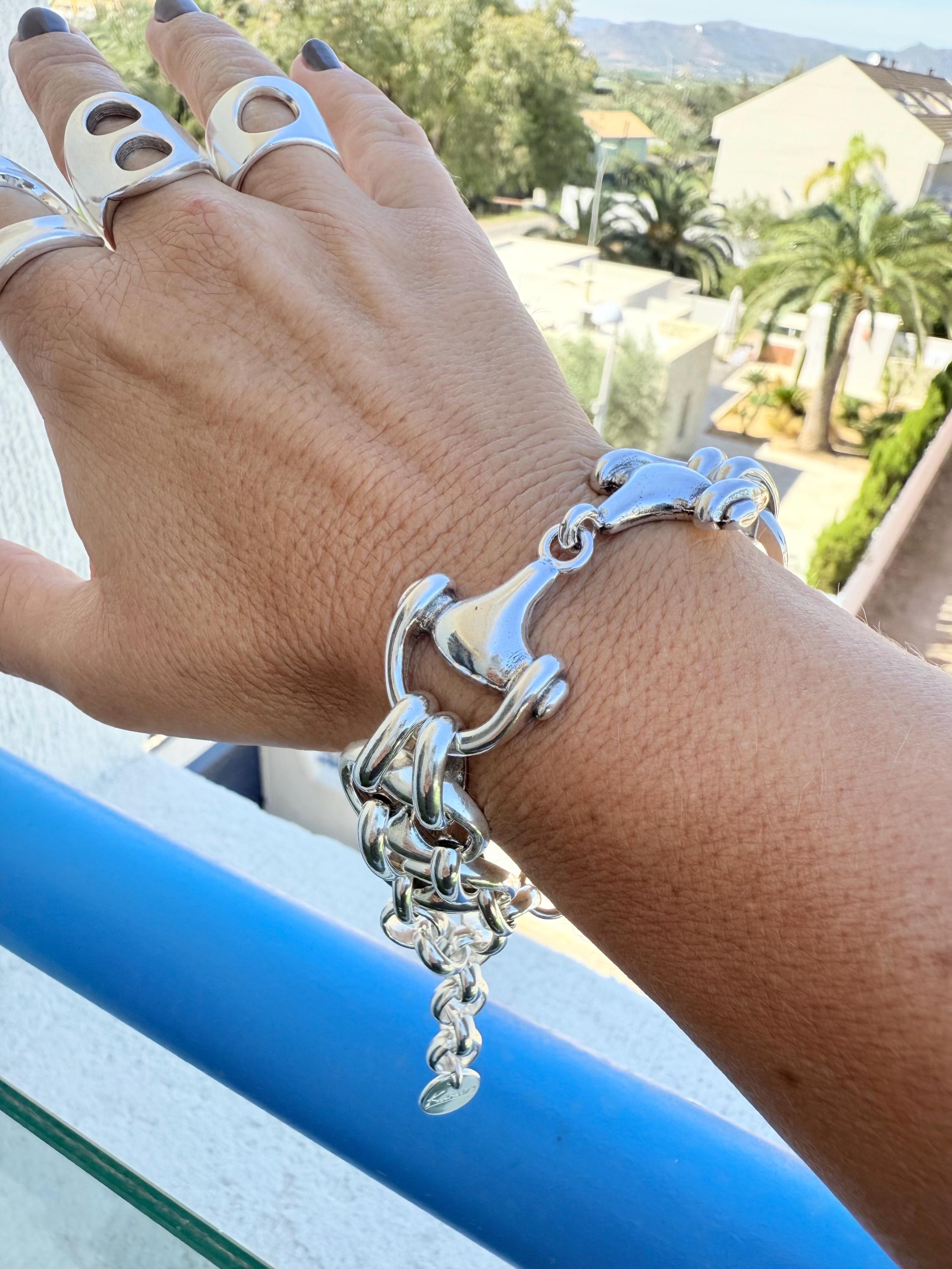 Chubky silver bracelet with mariner links chain and equestrian bit motive - statement handmade jewelry