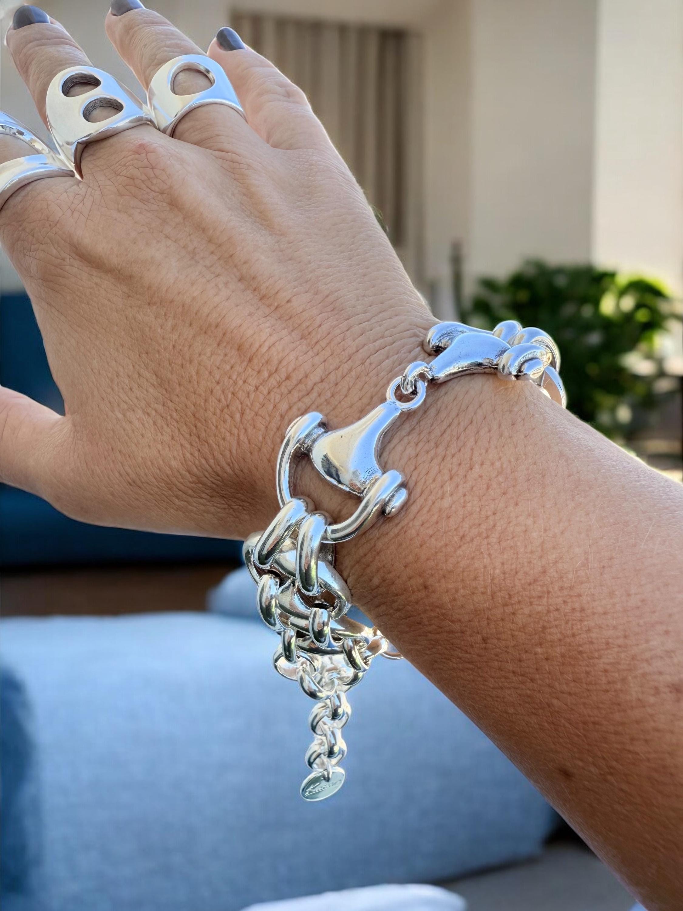 Chubky silver bracelet with mariner links chain and equestrian bit motive - statement handmade jewelry