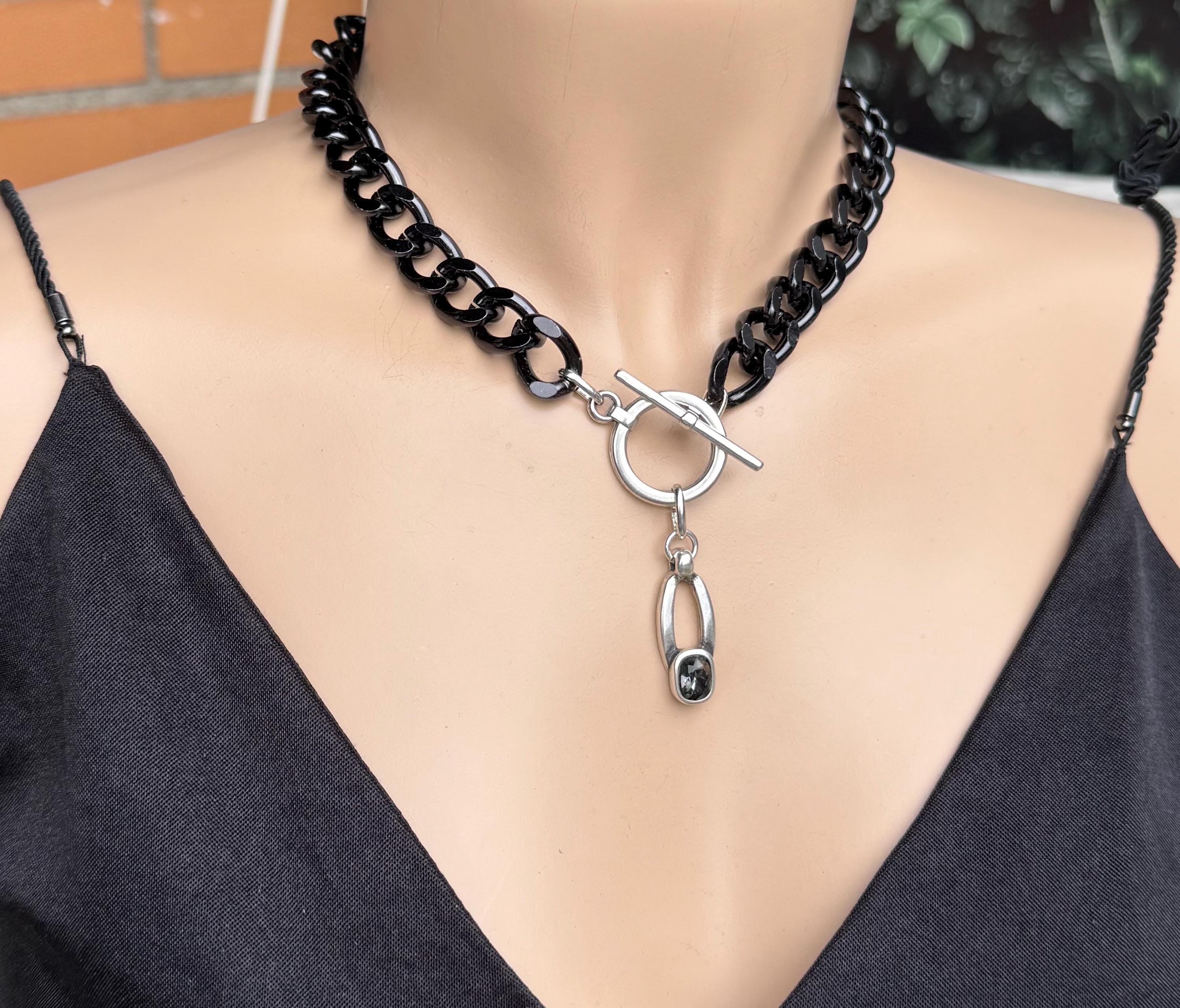 Chunky aluminum black chain necklace with Swarovski crystal pendant and toggle clasp