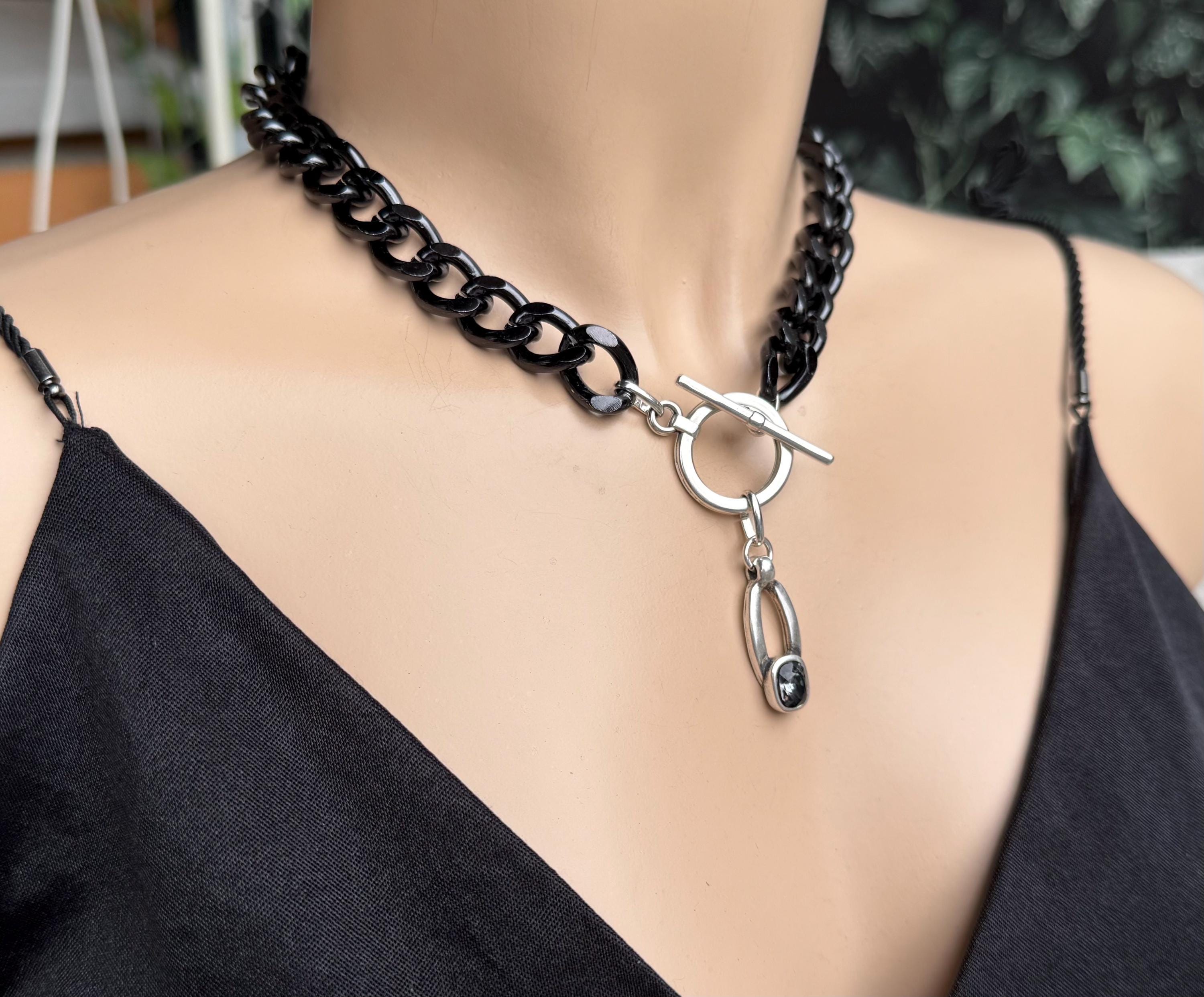 Chunky aluminum black chain necklace with Swarovski crystal pendant and toggle clasp