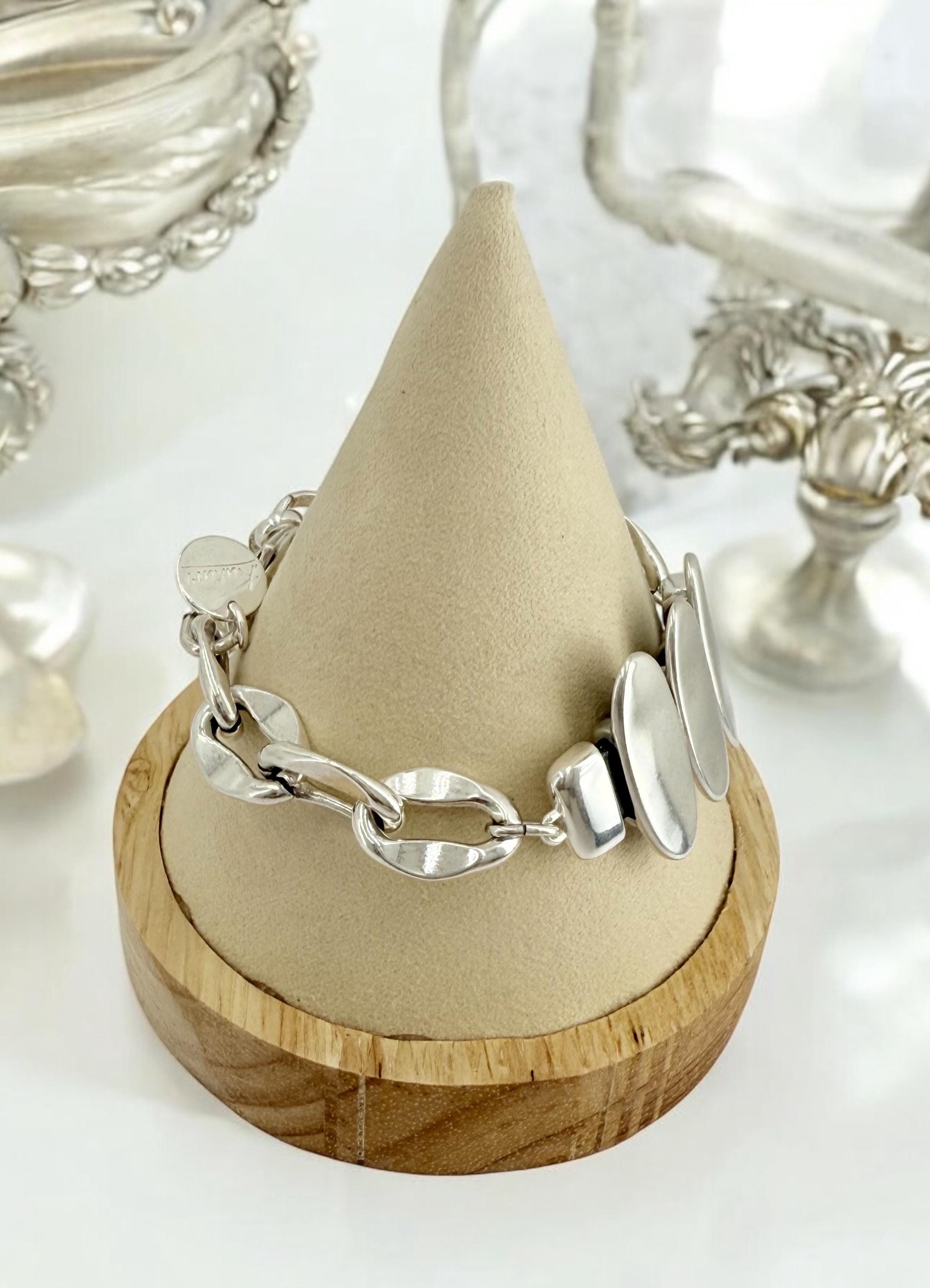 Chunky Silver Chain Bracelet – Big Link Bold Bracelet with Oval Centerpieces – Adjustable Statement Jewelry – Handmade Kukuri Jewelry