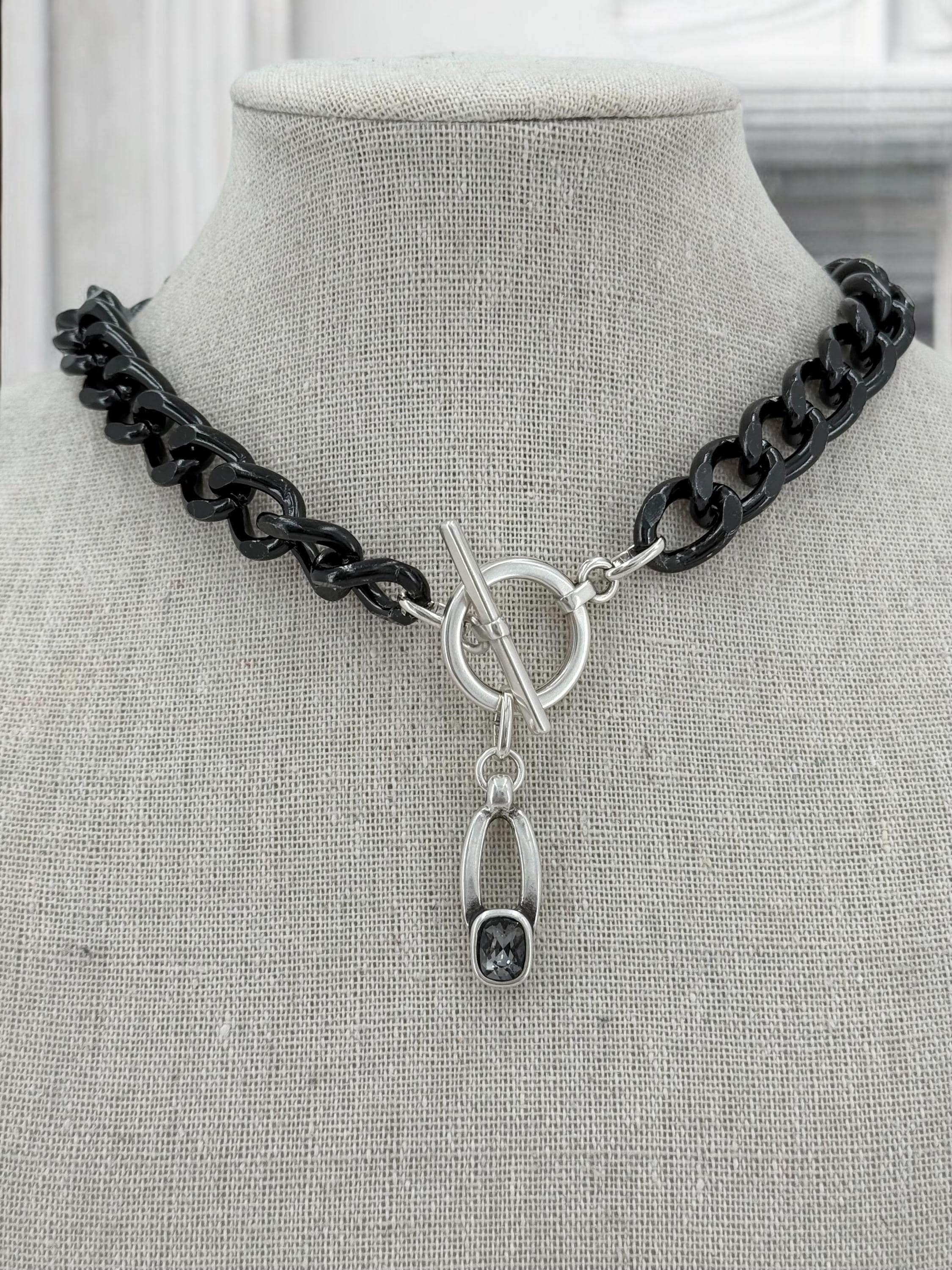Chunky aluminum black chain necklace with Swarovski crystal pendant and toggle clasp