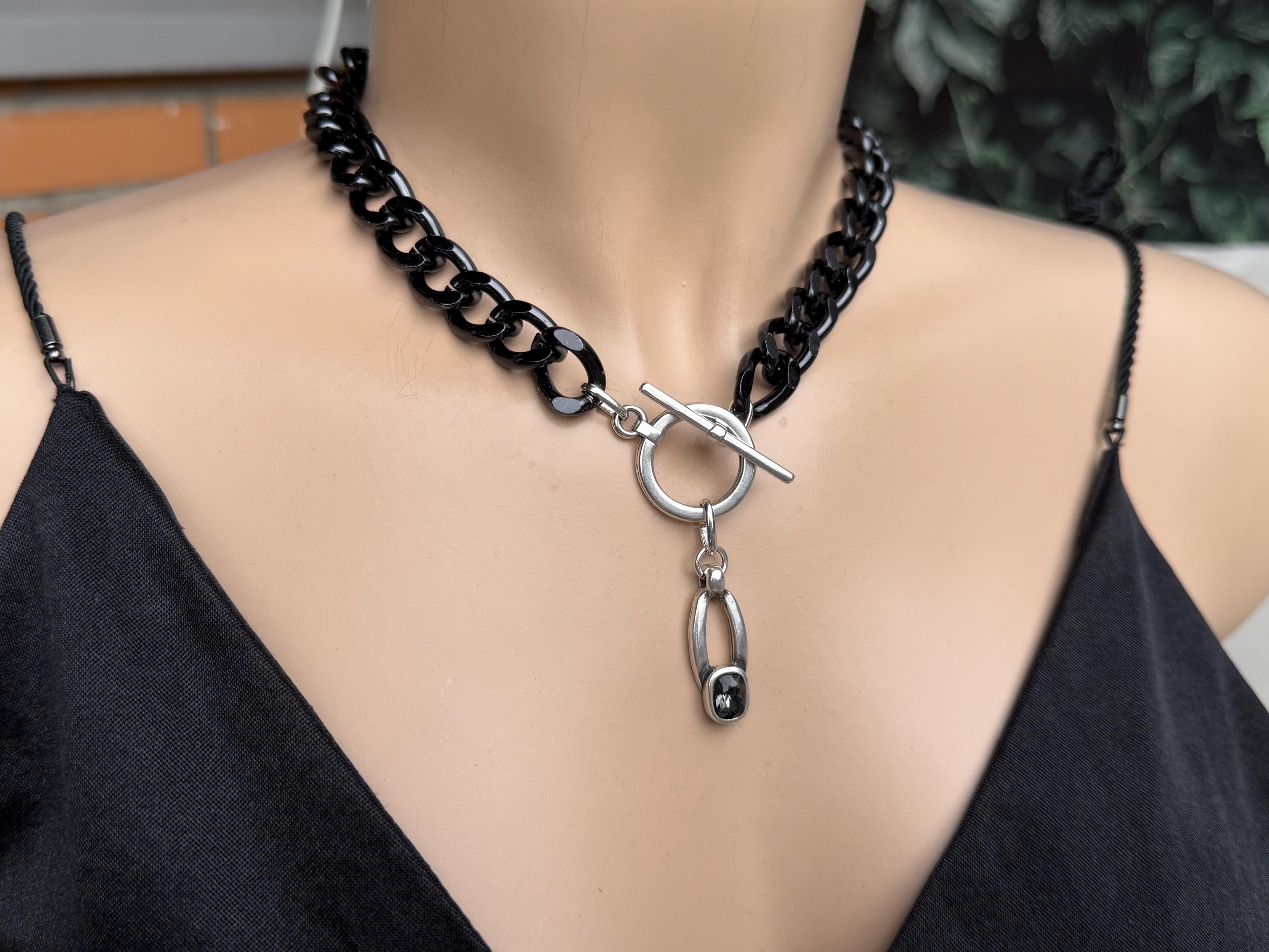 Chunky aluminum black chain necklace with Swarovski crystal pendant and toggle clasp