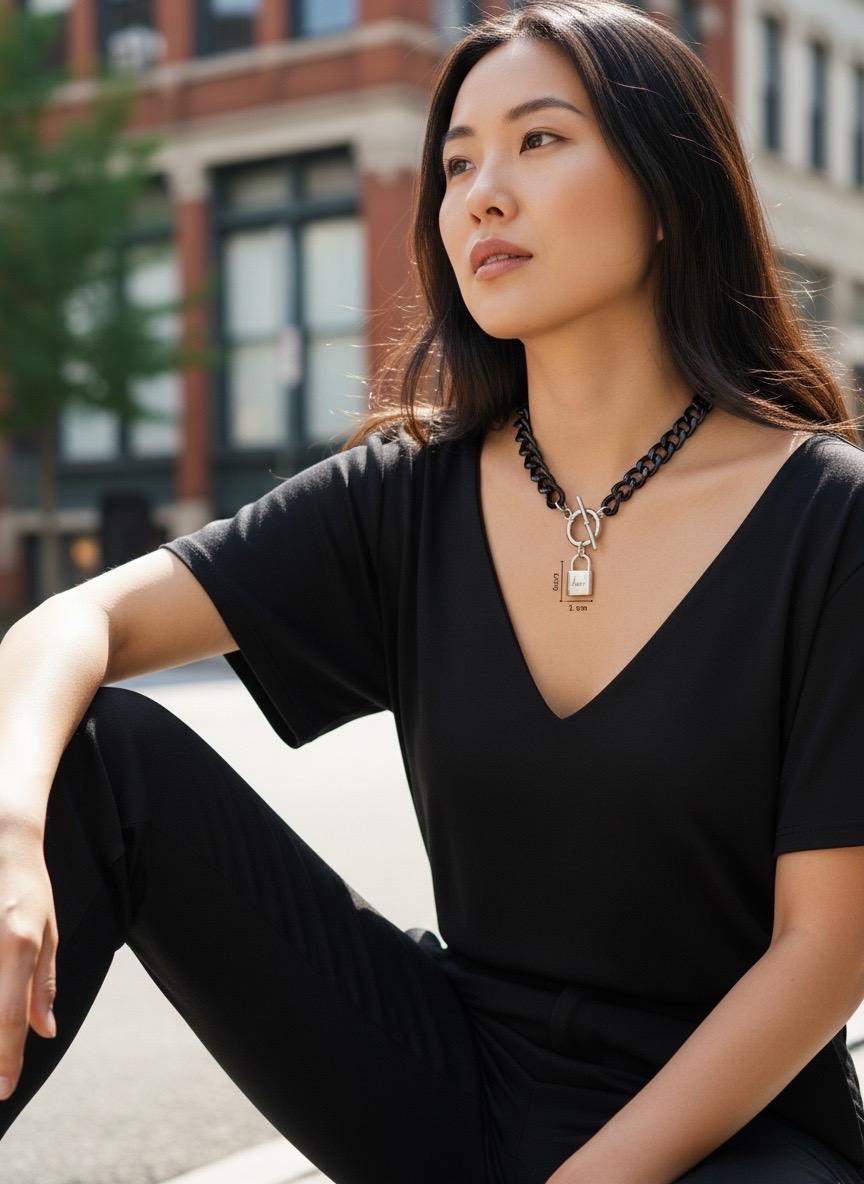 Chunky aluminum black chain necklace with silver toggle clasp and “love” padlock pendant