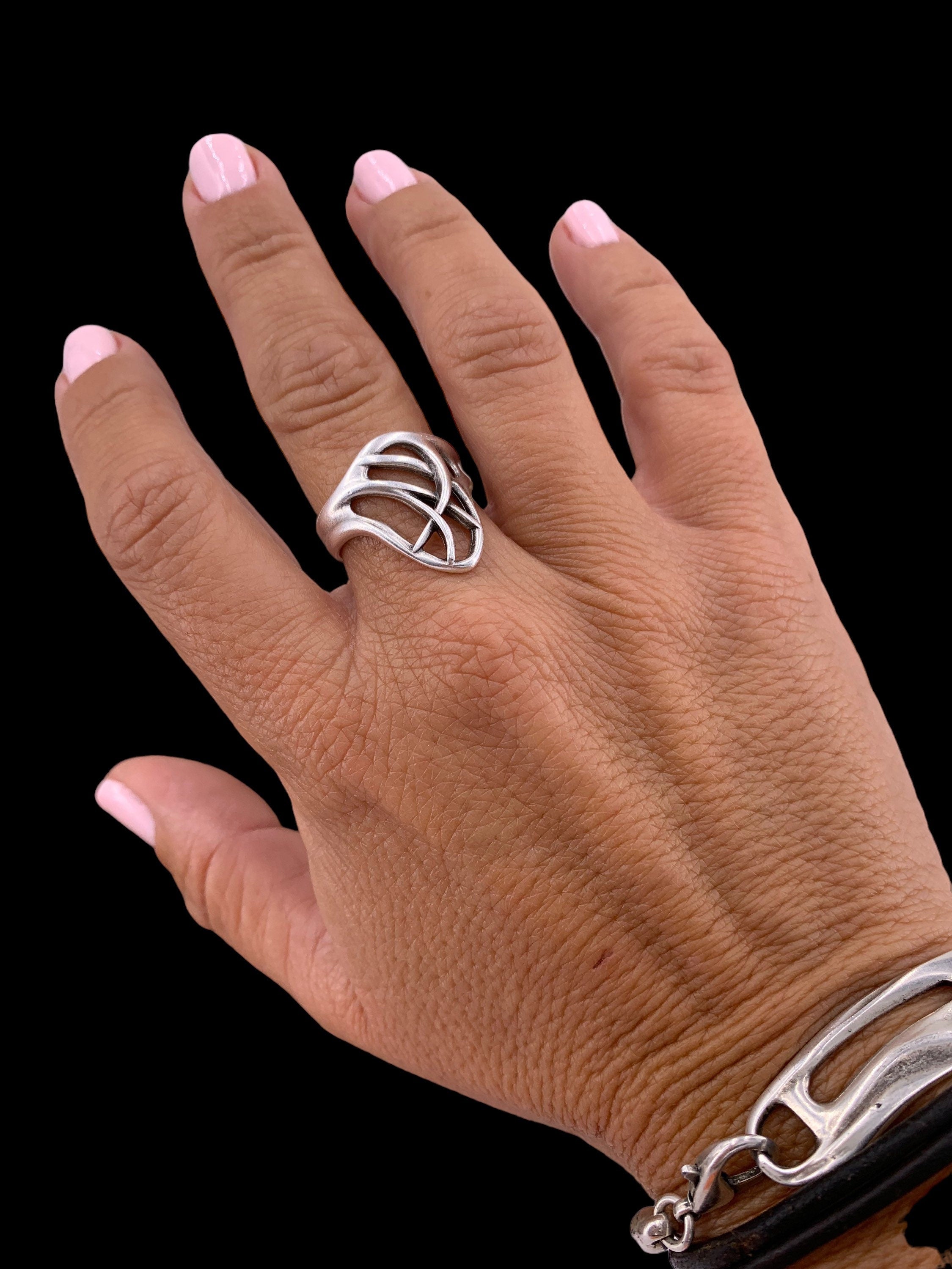 Silver carved wide ring - statement adjustable bohemian ring