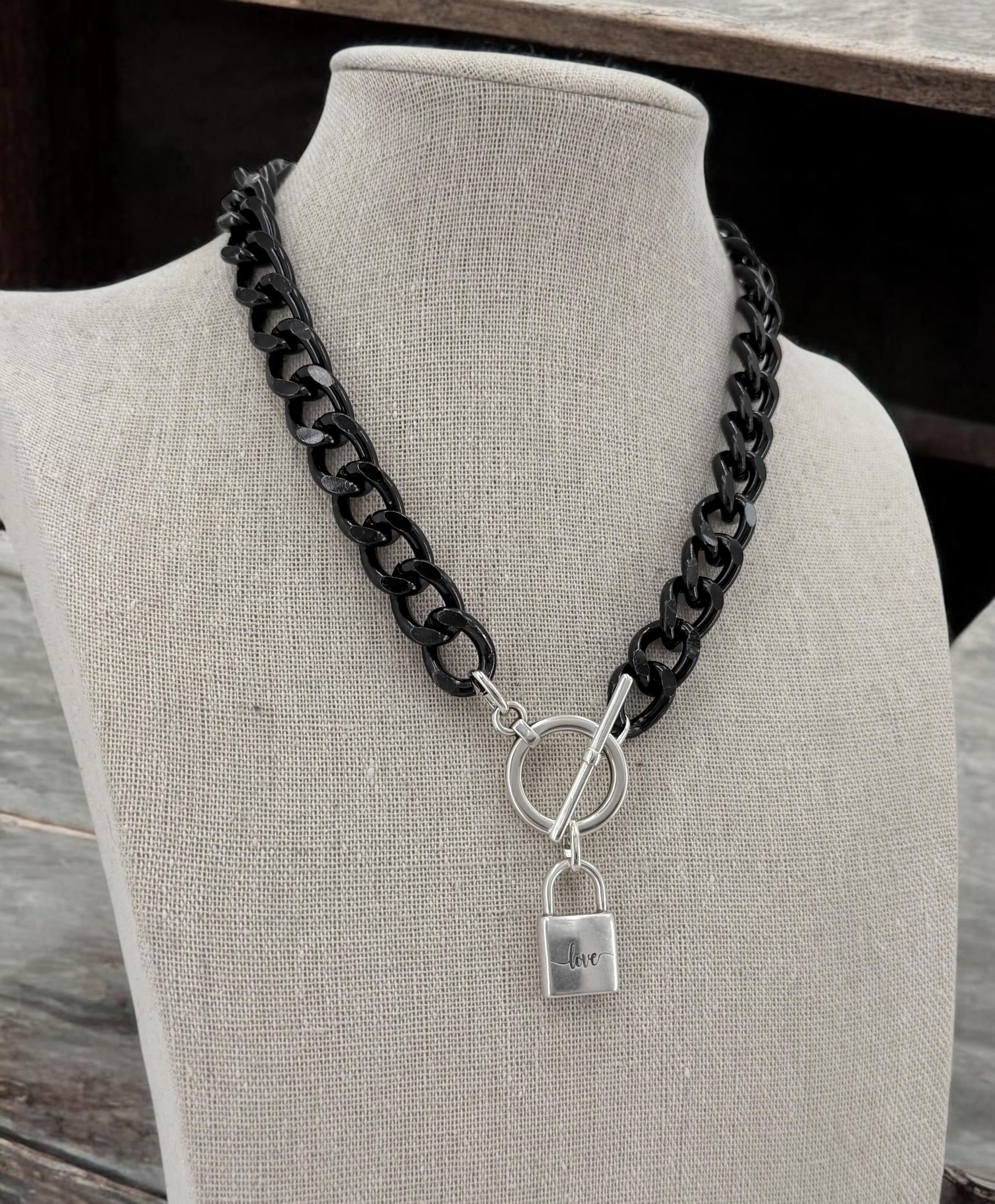 Chunky aluminum black chain necklace with silver toggle clasp and “love” padlock pendant
