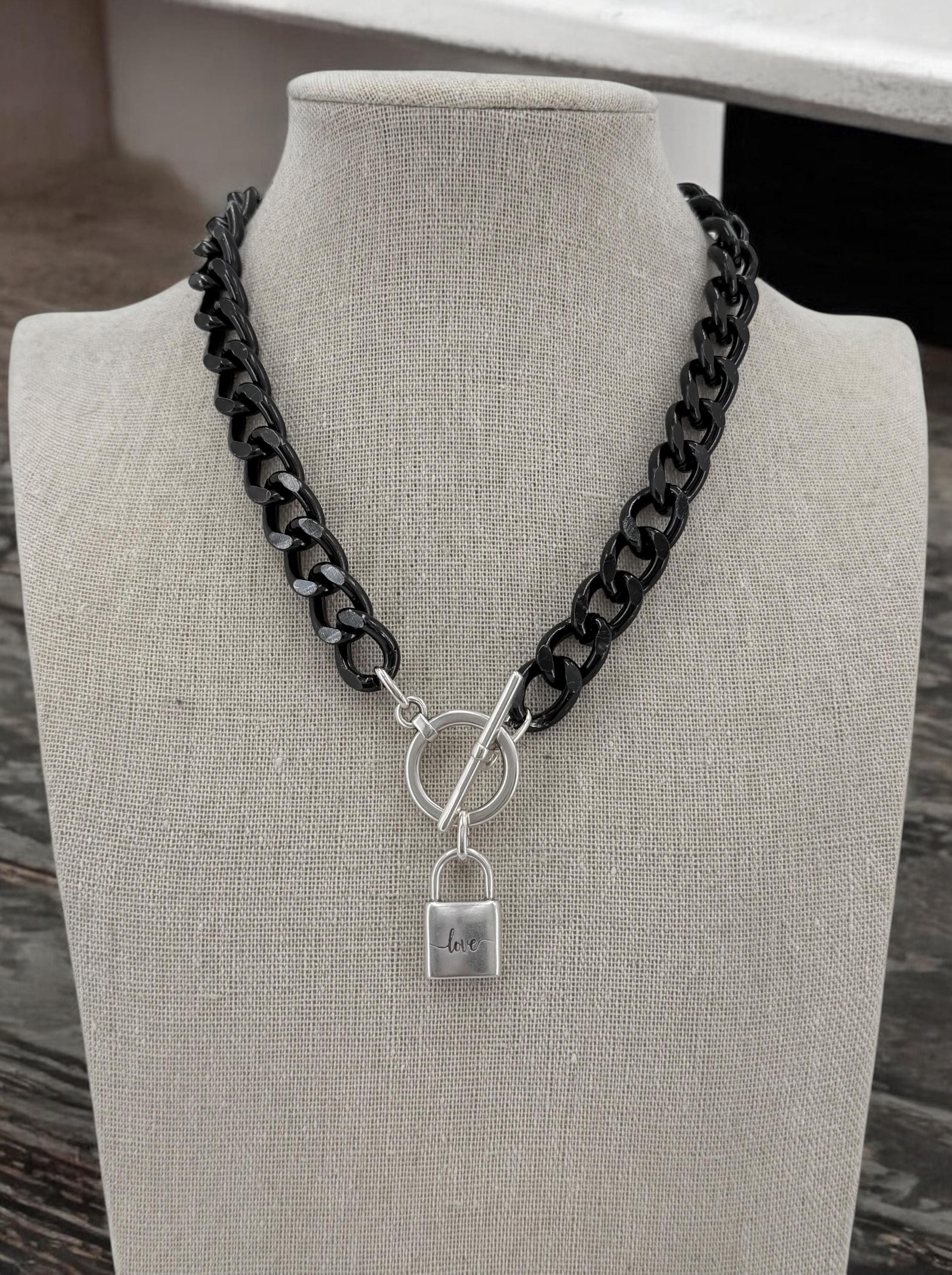 Chunky aluminum black chain necklace with silver toggle clasp and “love” padlock pendant