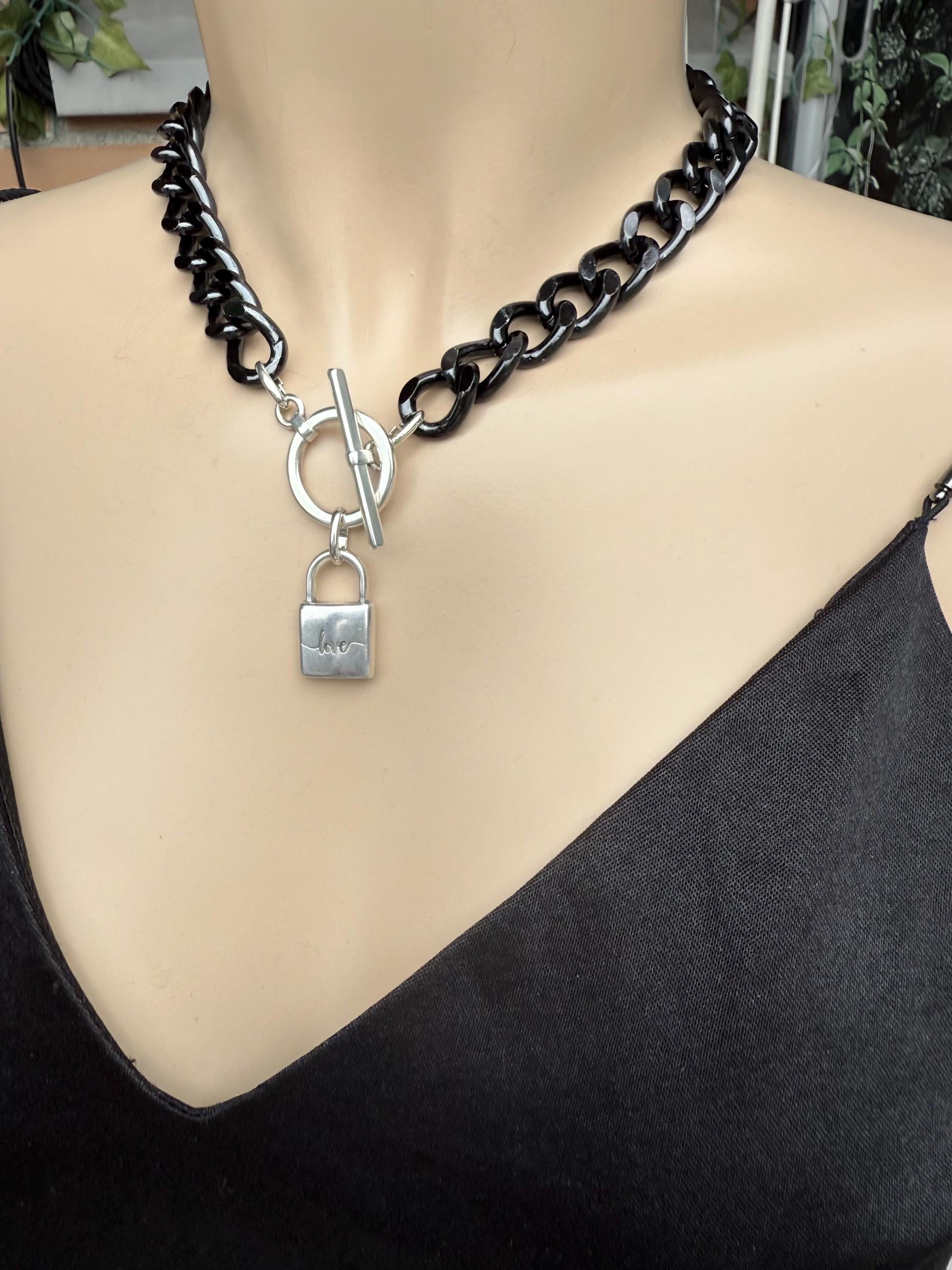 Chunky aluminum black chain necklace with silver toggle clasp and “love” padlock pendant