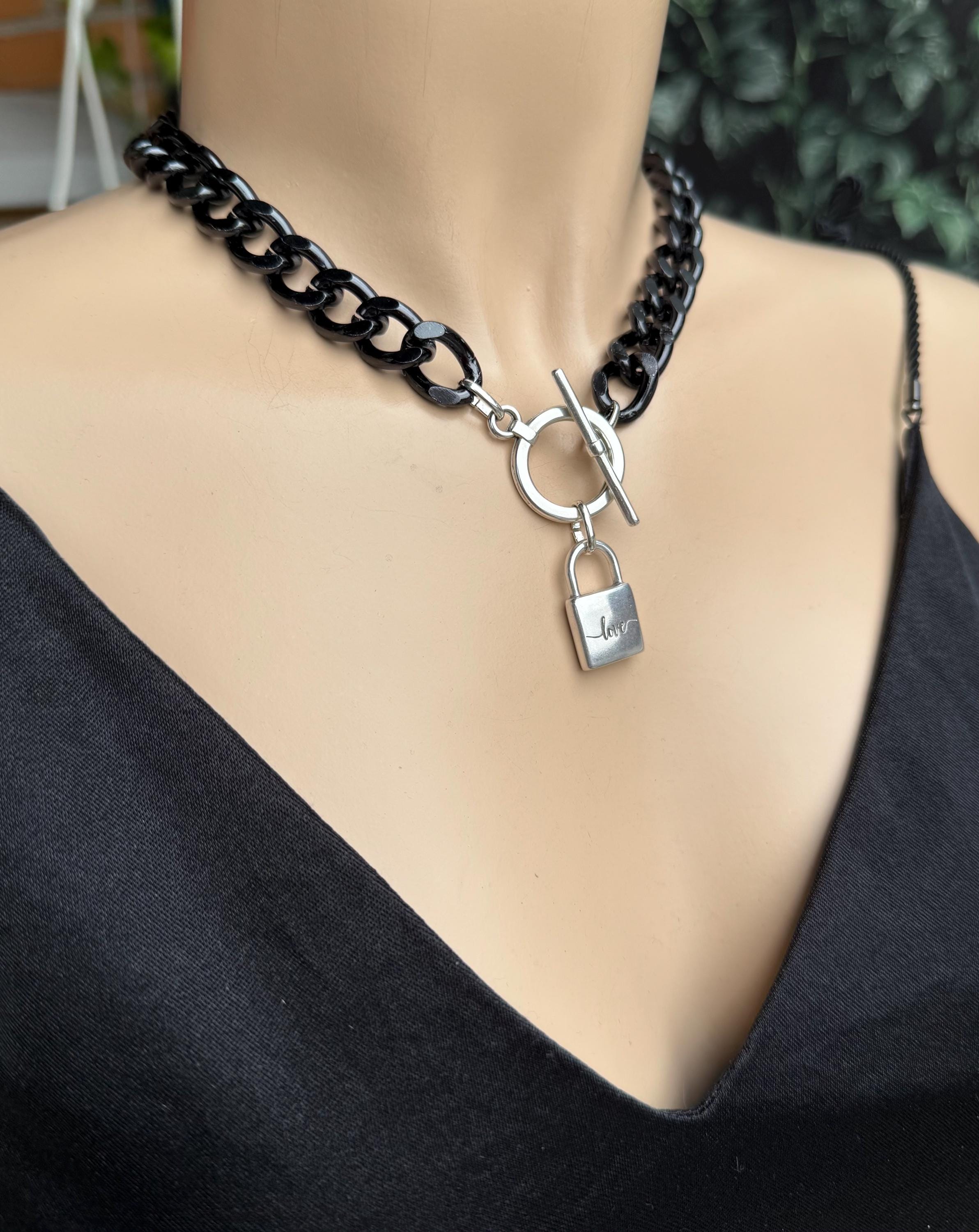 Chunky aluminum black chain necklace with silver toggle clasp and “love” padlock pendant