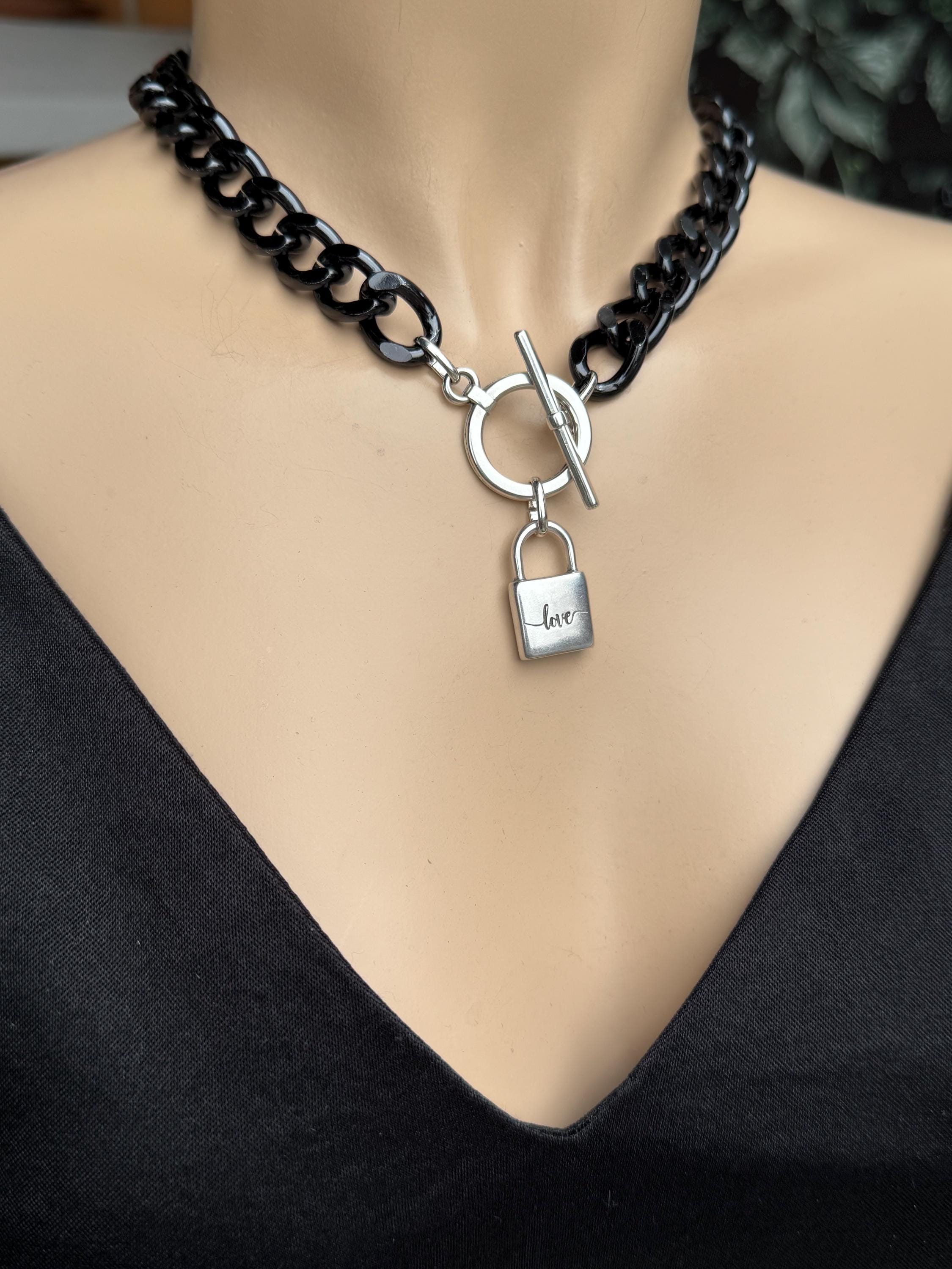Chunky aluminum black chain necklace with silver toggle clasp and “love” padlock pendant