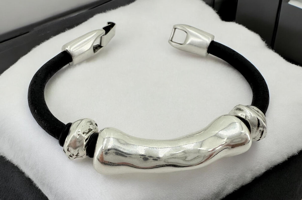 leather bracelet for men, silver masculine bracelet, bohemian bracelet, hippie bracelet, men gift, chunky silver tube leather bracelet,