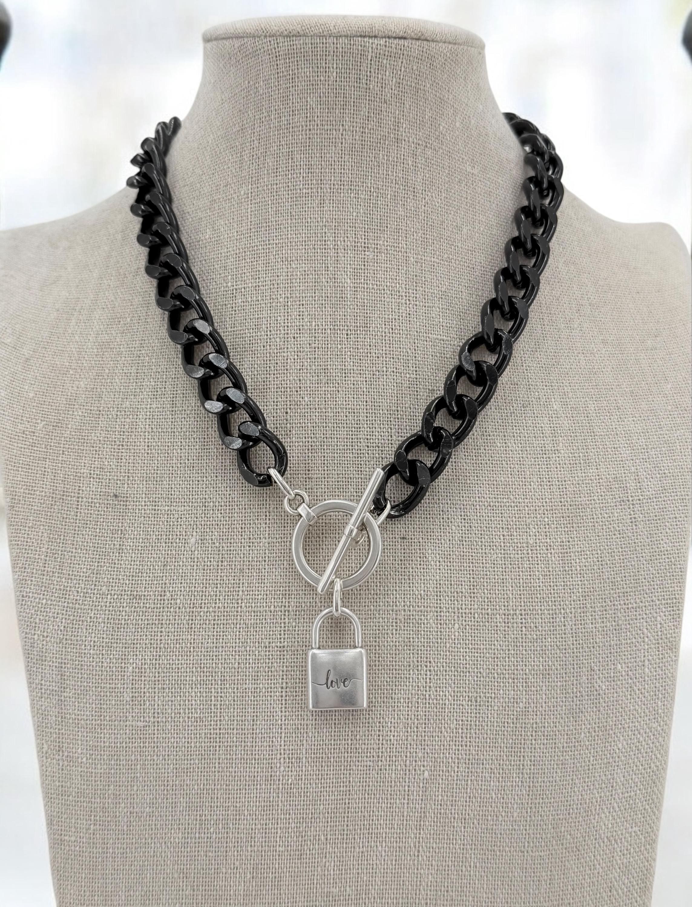 Chunky aluminum black chain necklace with silver toggle clasp and “love” padlock pendant