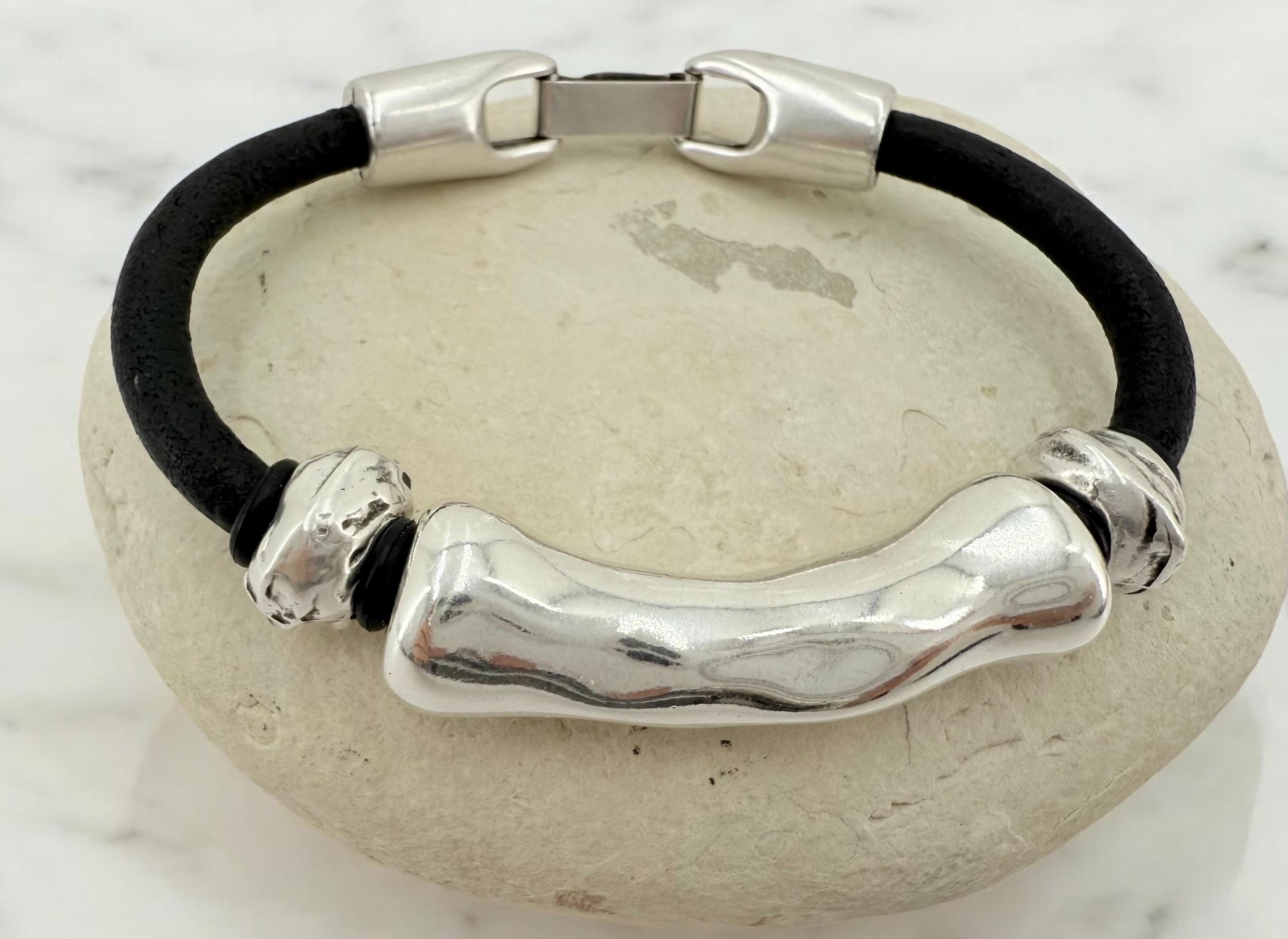 leather bracelet for men, silver masculine bracelet, bohemian bracelet, hippie bracelet, men gift, chunky silver tube leather bracelet,