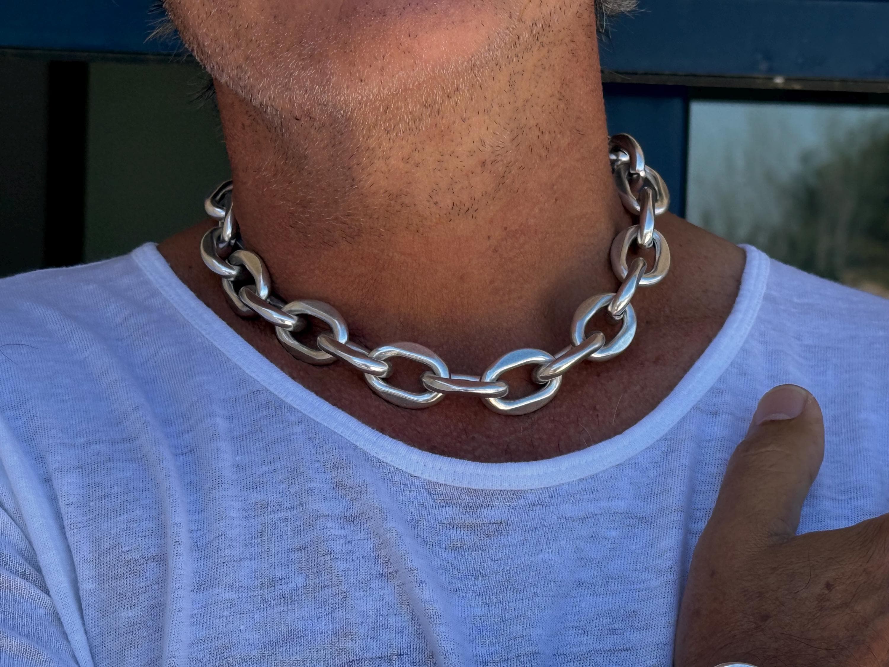 Men Chunky silver chain Necklace –Aluminum Lightweight Statement Jewelry – Handmade Kukuri Jewelry