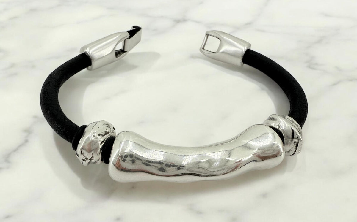 leather bracelet for men, silver masculine bracelet, bohemian bracelet, hippie bracelet, men gift, chunky silver tube leather bracelet,