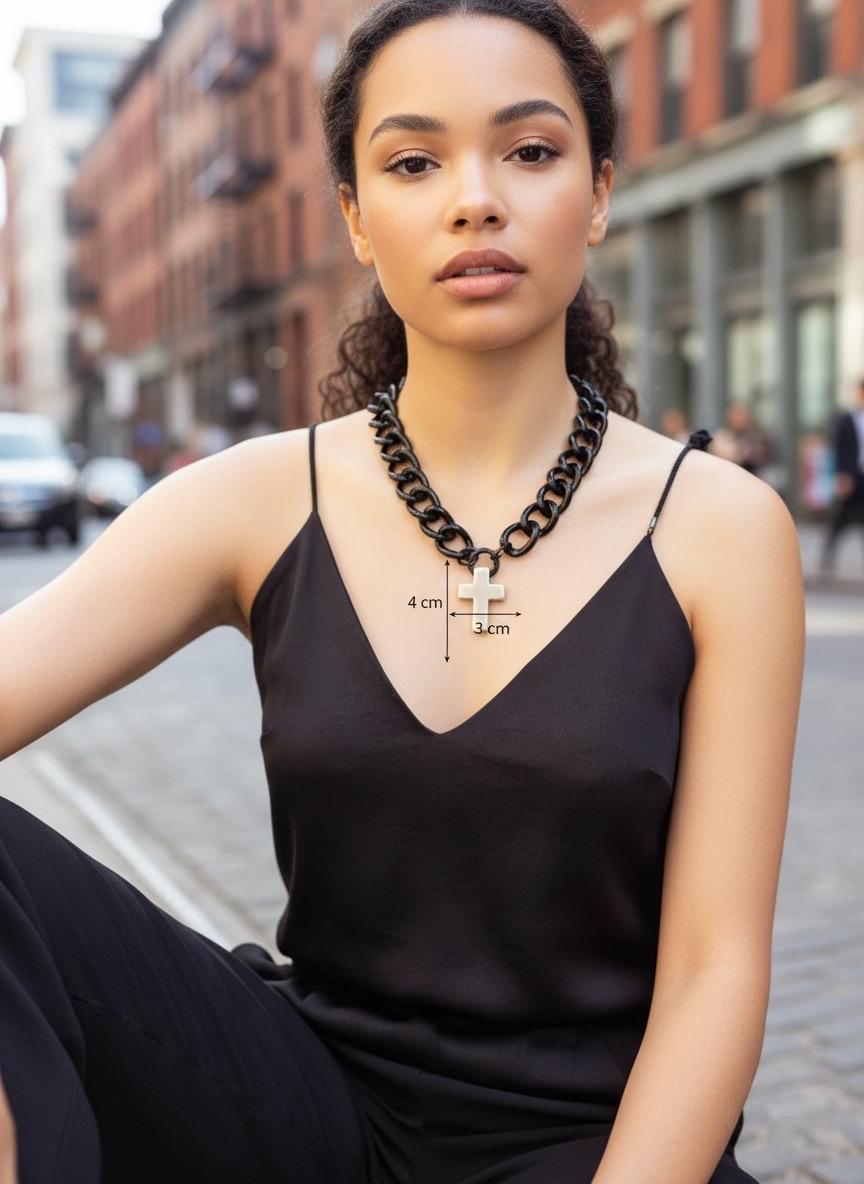 Chunky Black Cuban Chain Necklace – Silver-Plated Cross Pendant – Lightweight Statement blod Jewelry – Handmade Kukuri Jewelry -