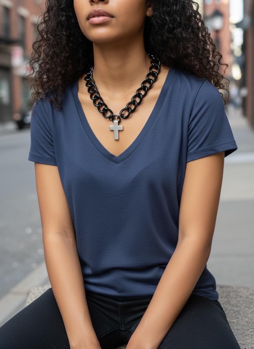 Chunky Black Cuban Chain Necklace – Silver-Plated Cross Pendant – Lightweight Statement blod Jewelry – Handmade Kukuri Jewelry -