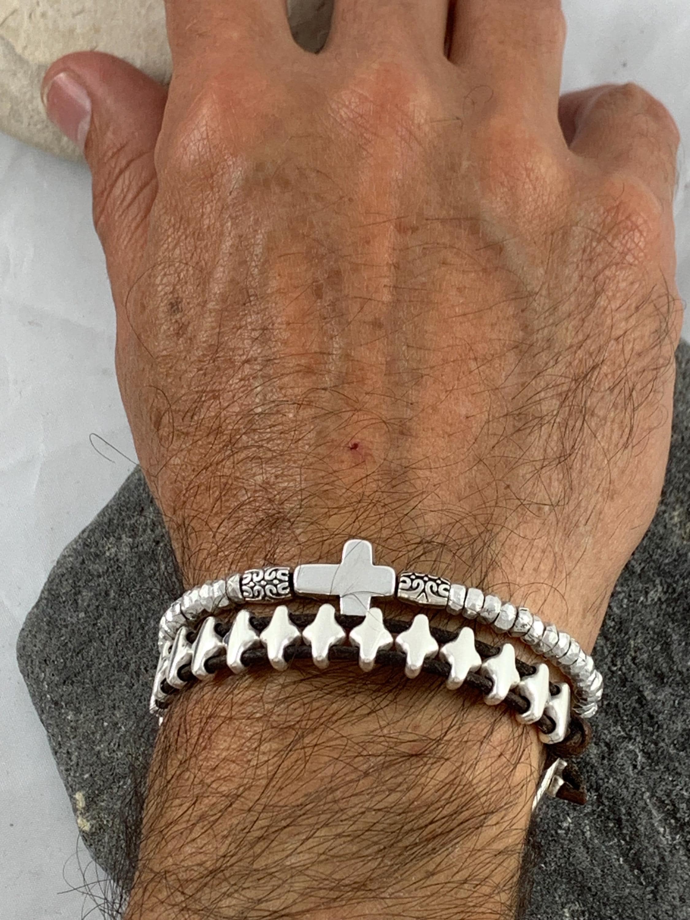 Unisex Leather Bracelet with Bold Silver-Plated Cross, Handmade Boho customized jewelry