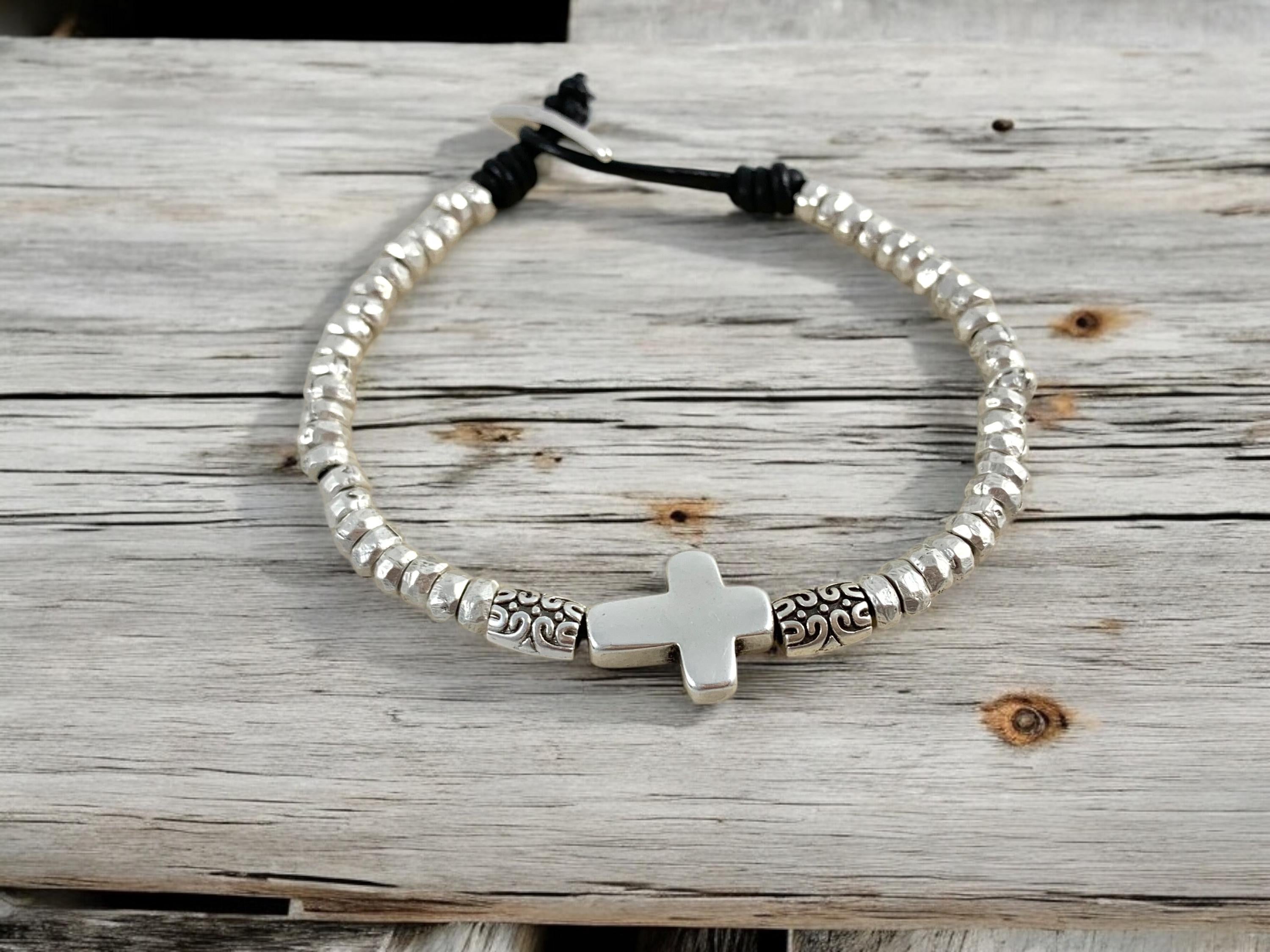 Unisex Leather Bracelet with Bold Silver-Plated Cross, Handmade Boho customized jewelry