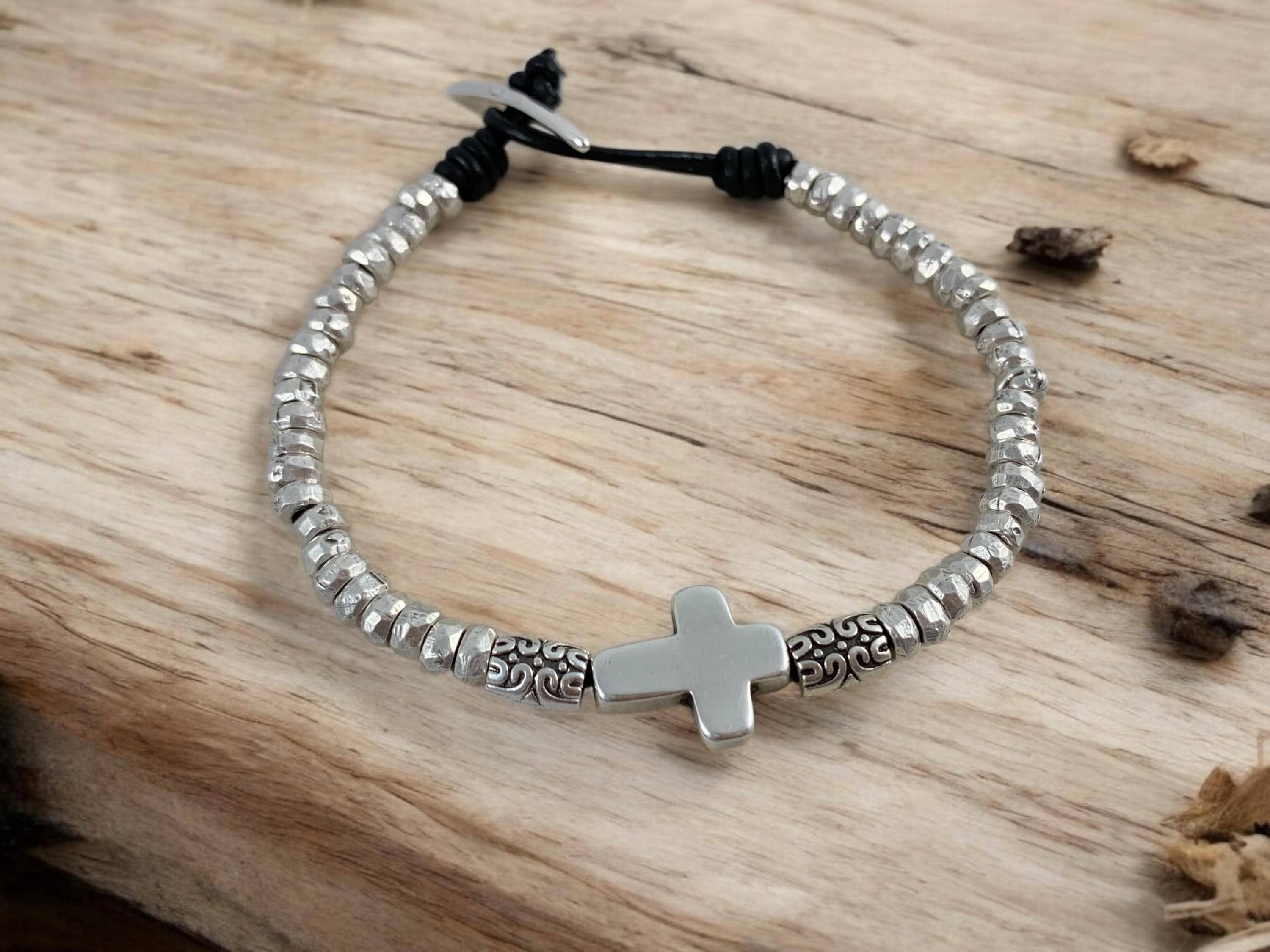Unisex Leather Bracelet with Bold Silver-Plated Cross, Handmade Boho customized jewelry